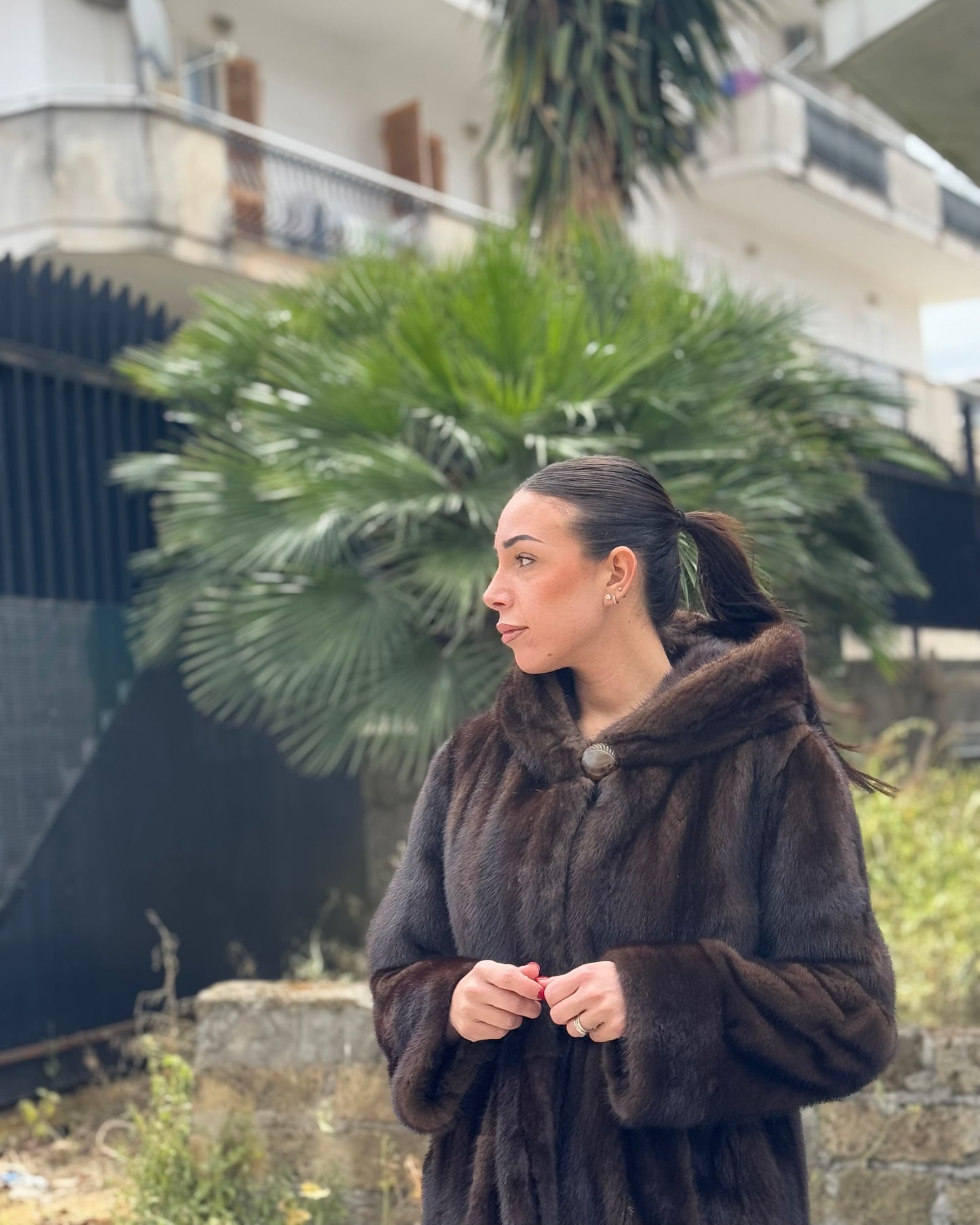 Mink jacket with belt and hood