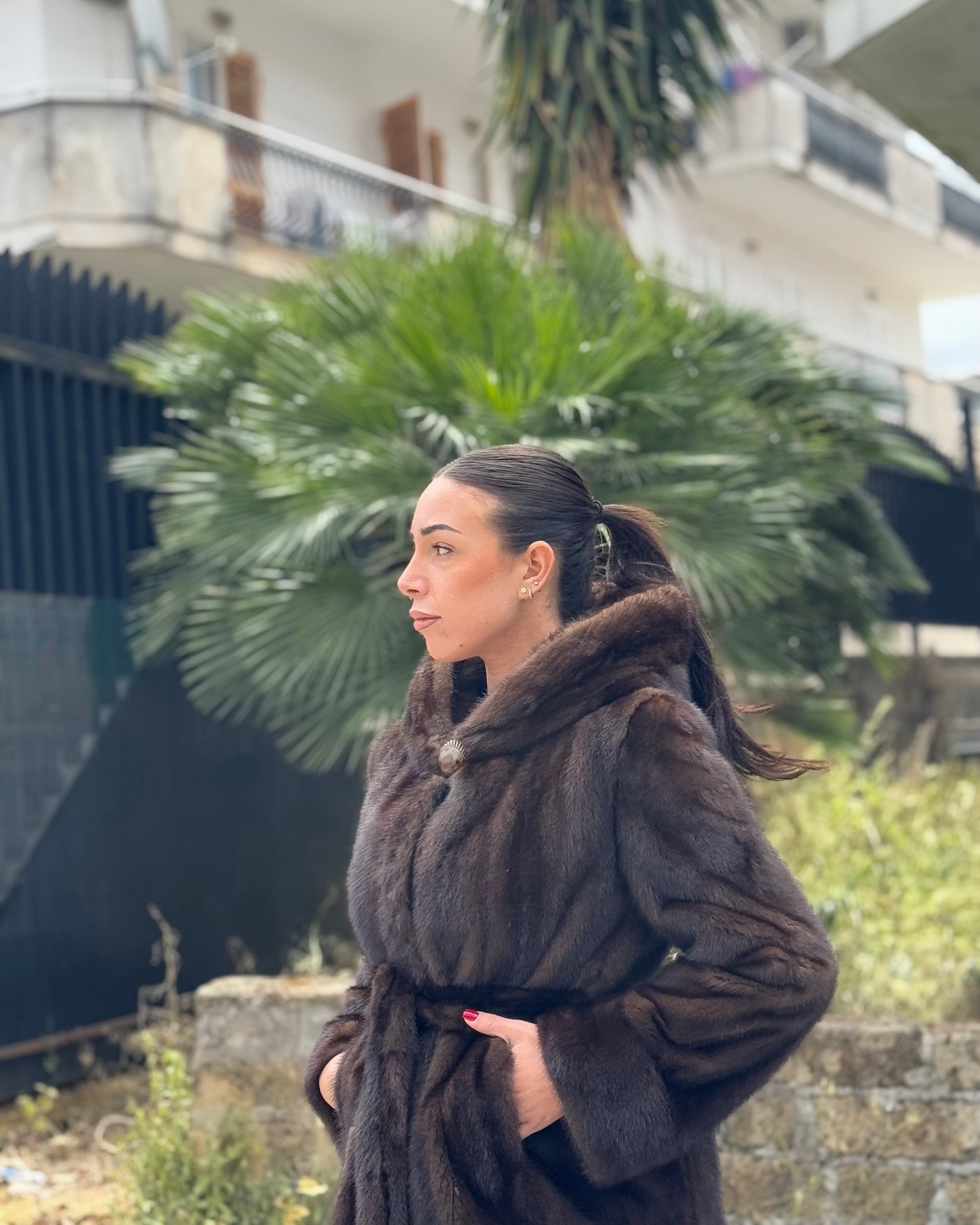 Mink jacket with belt and hood