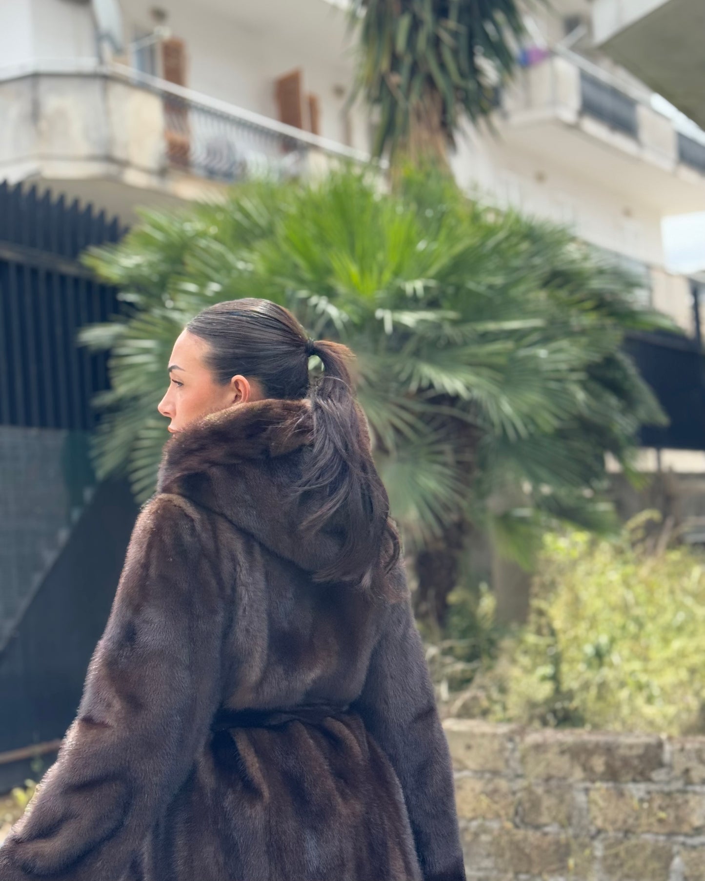 Mink jacket with belt and hood