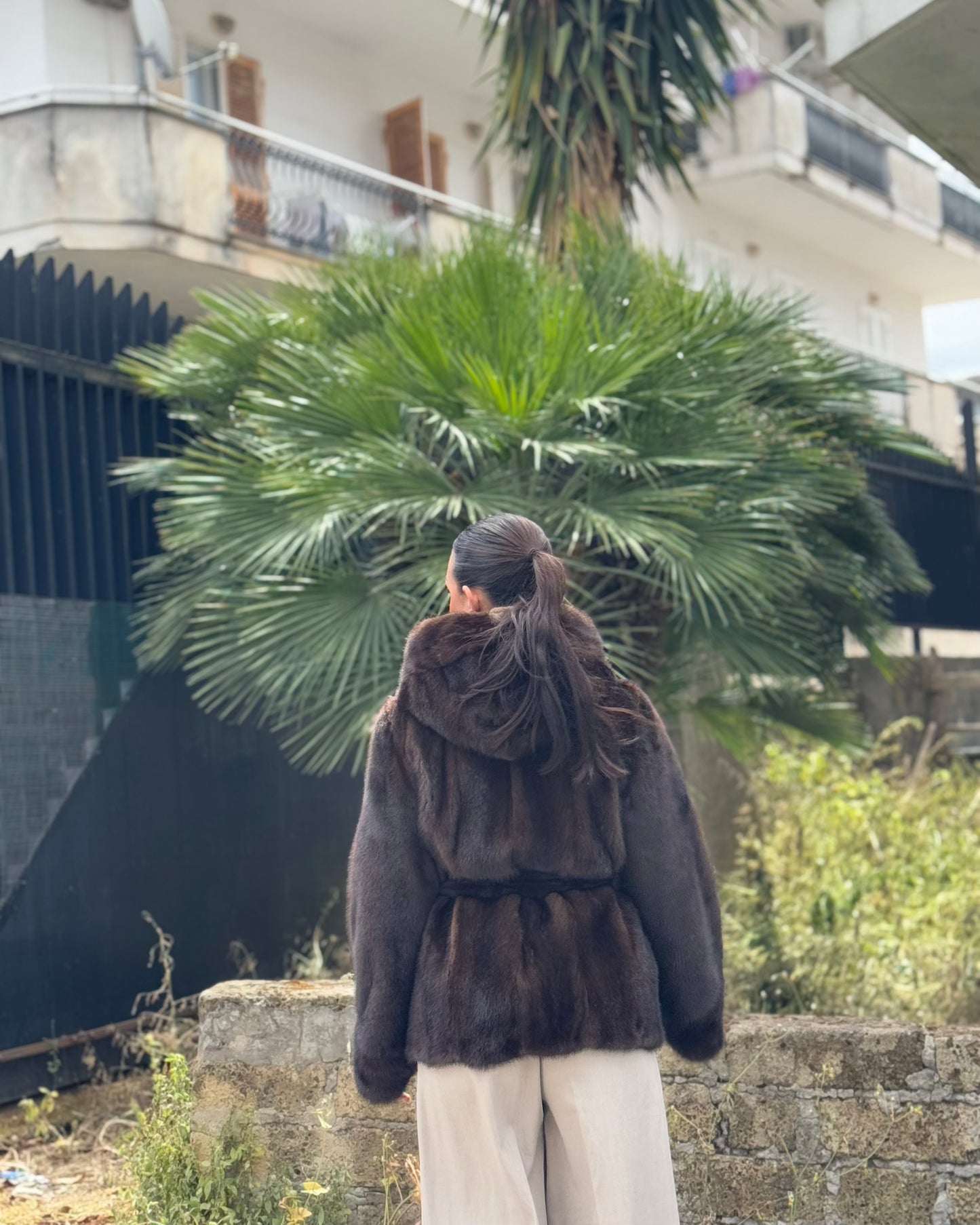 Mink jacket with belt and hood