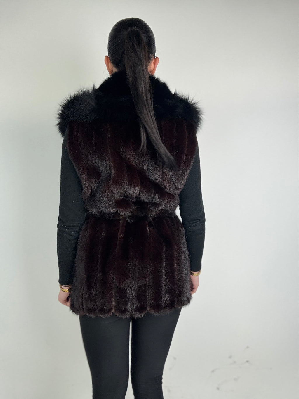 Mink jacket with belt and hood