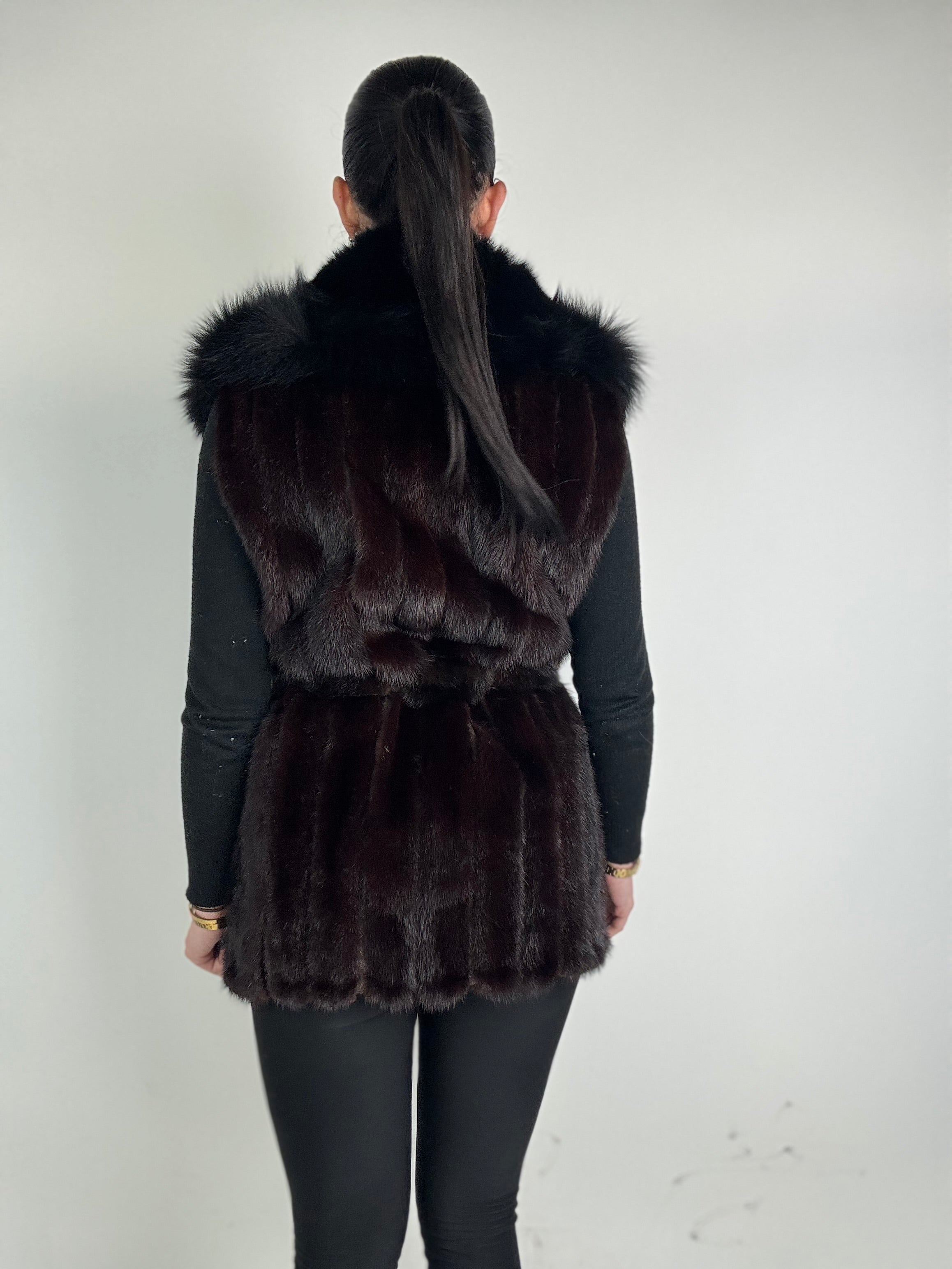 Mink jacket with belt and hood