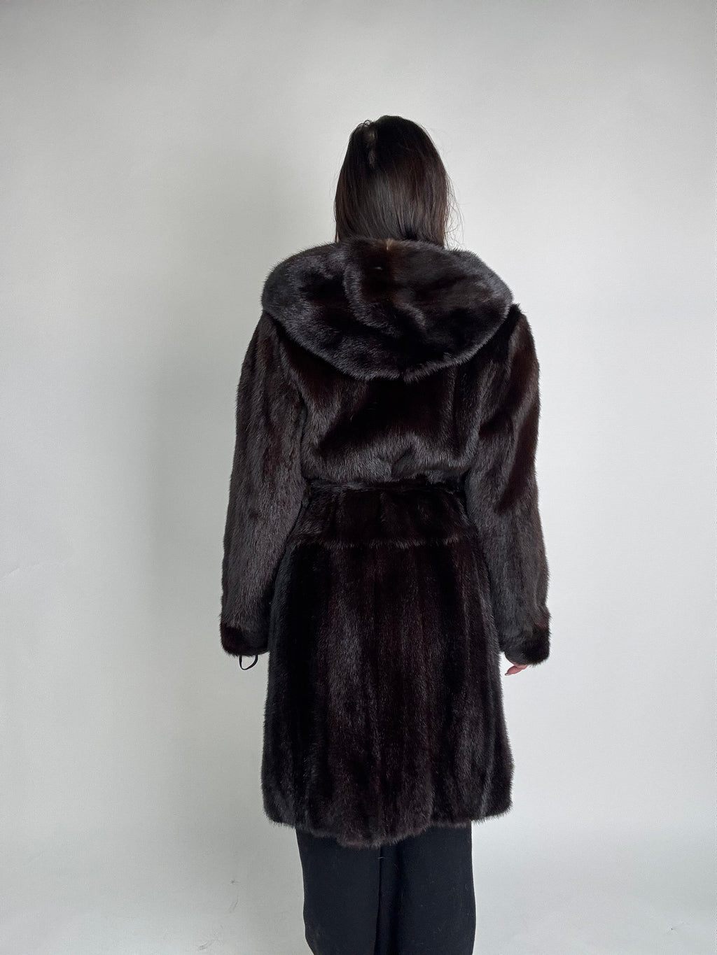 Mink jacket with belt and hood