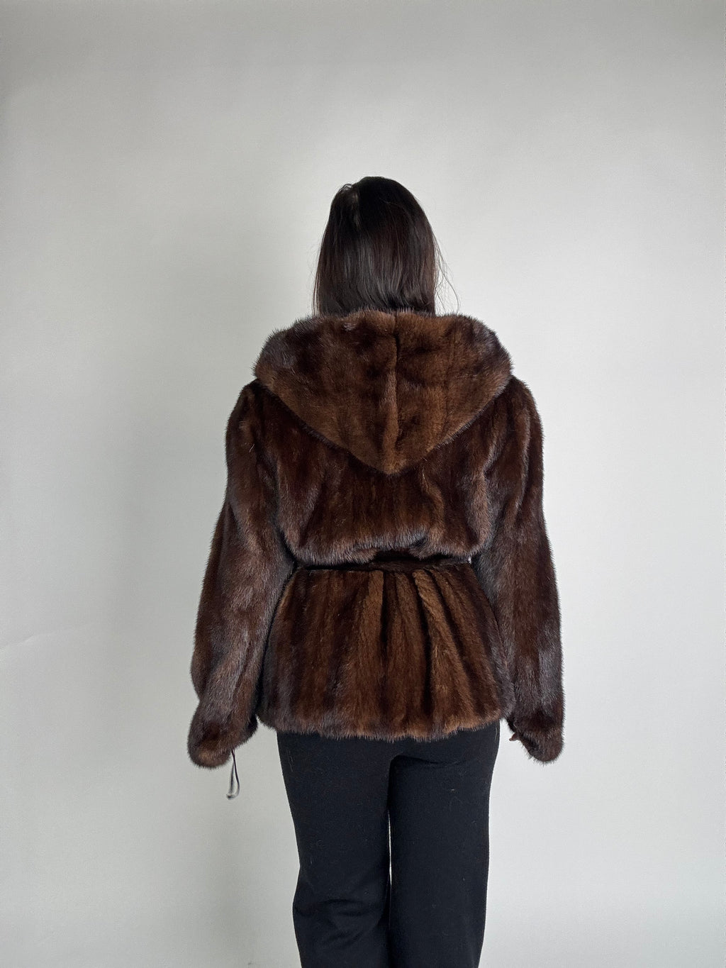 Mink jacket with belt and hood