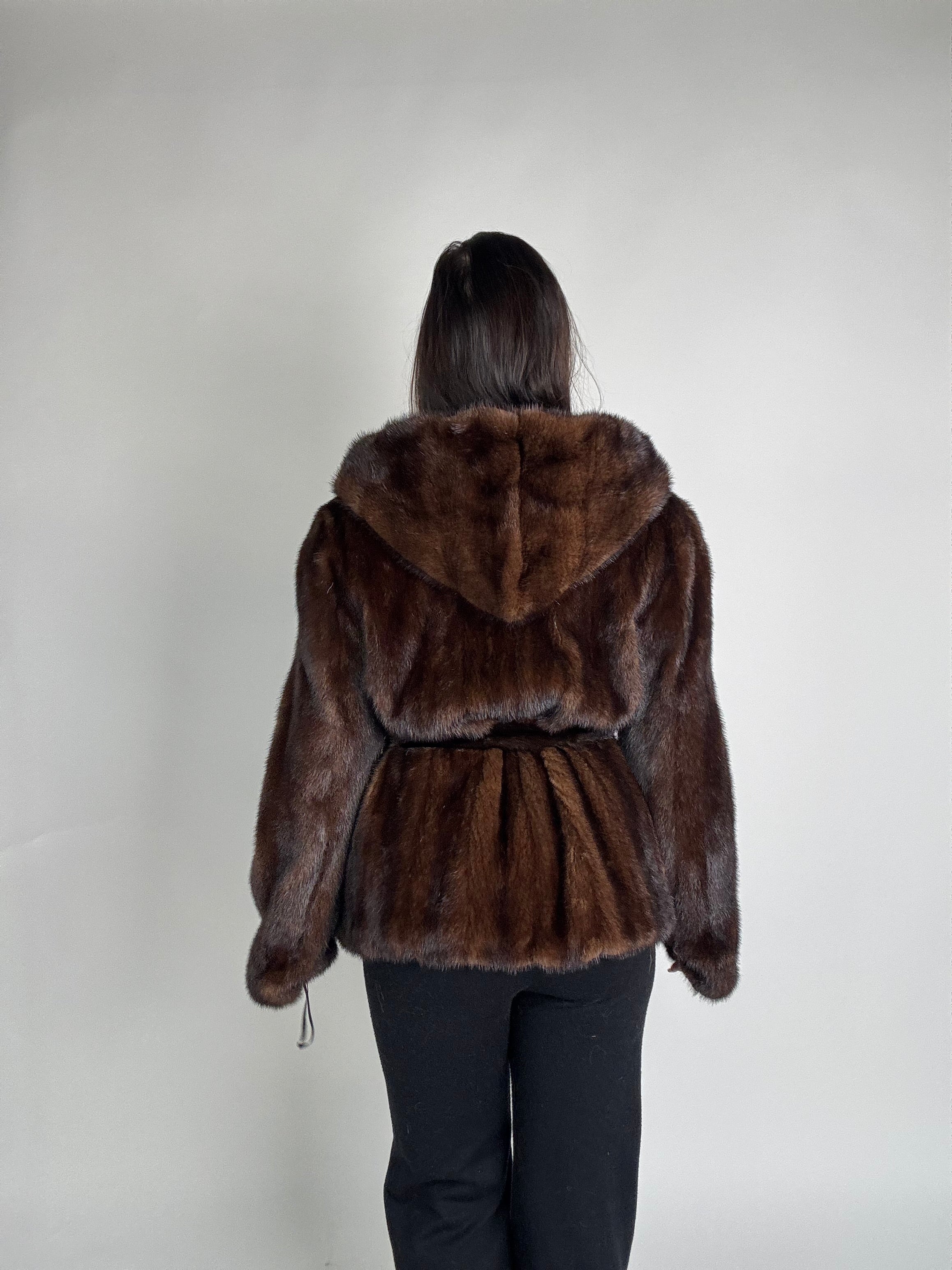 Mink jacket with belt and hood