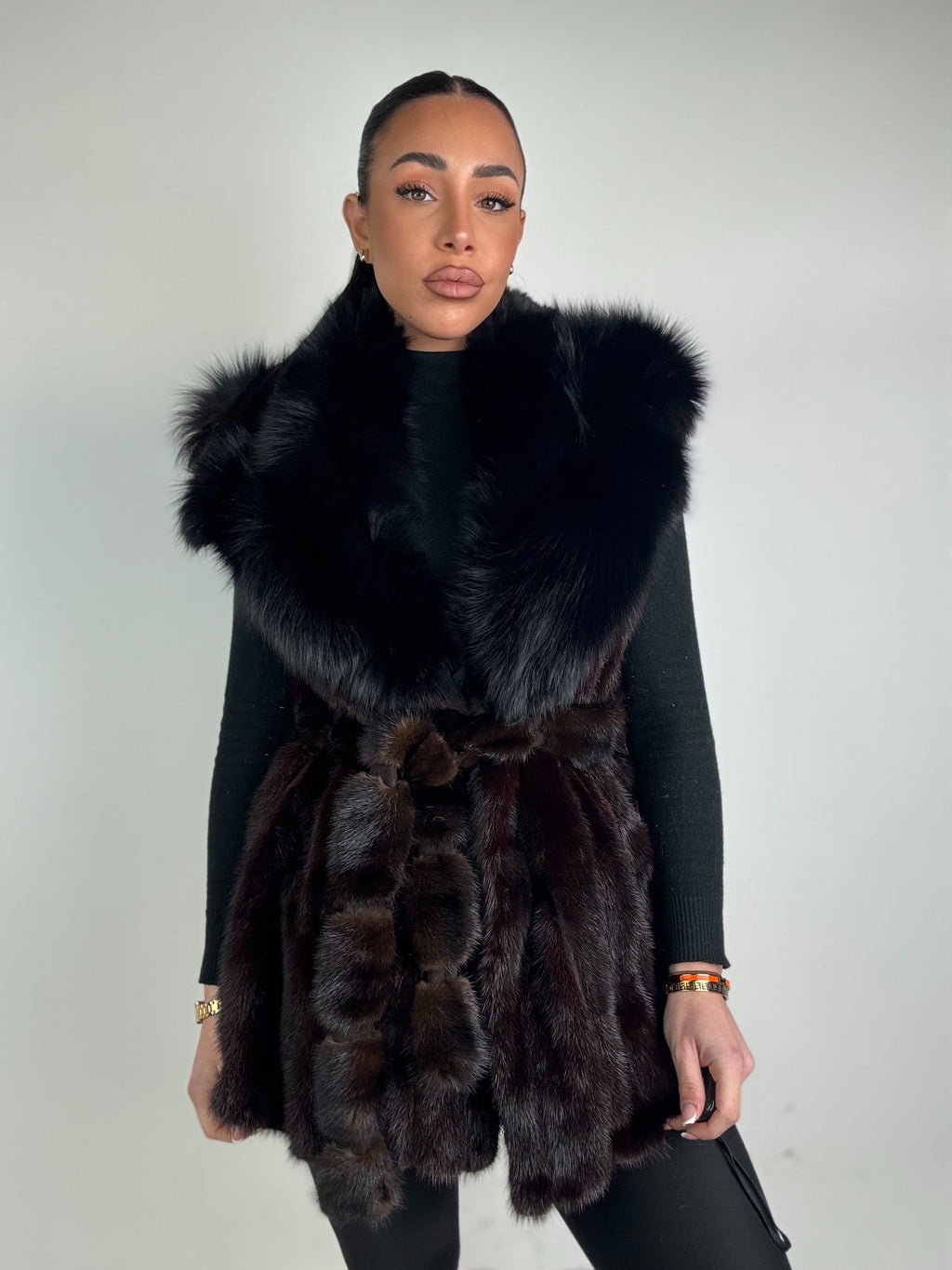 Mink jacket with belt and hood