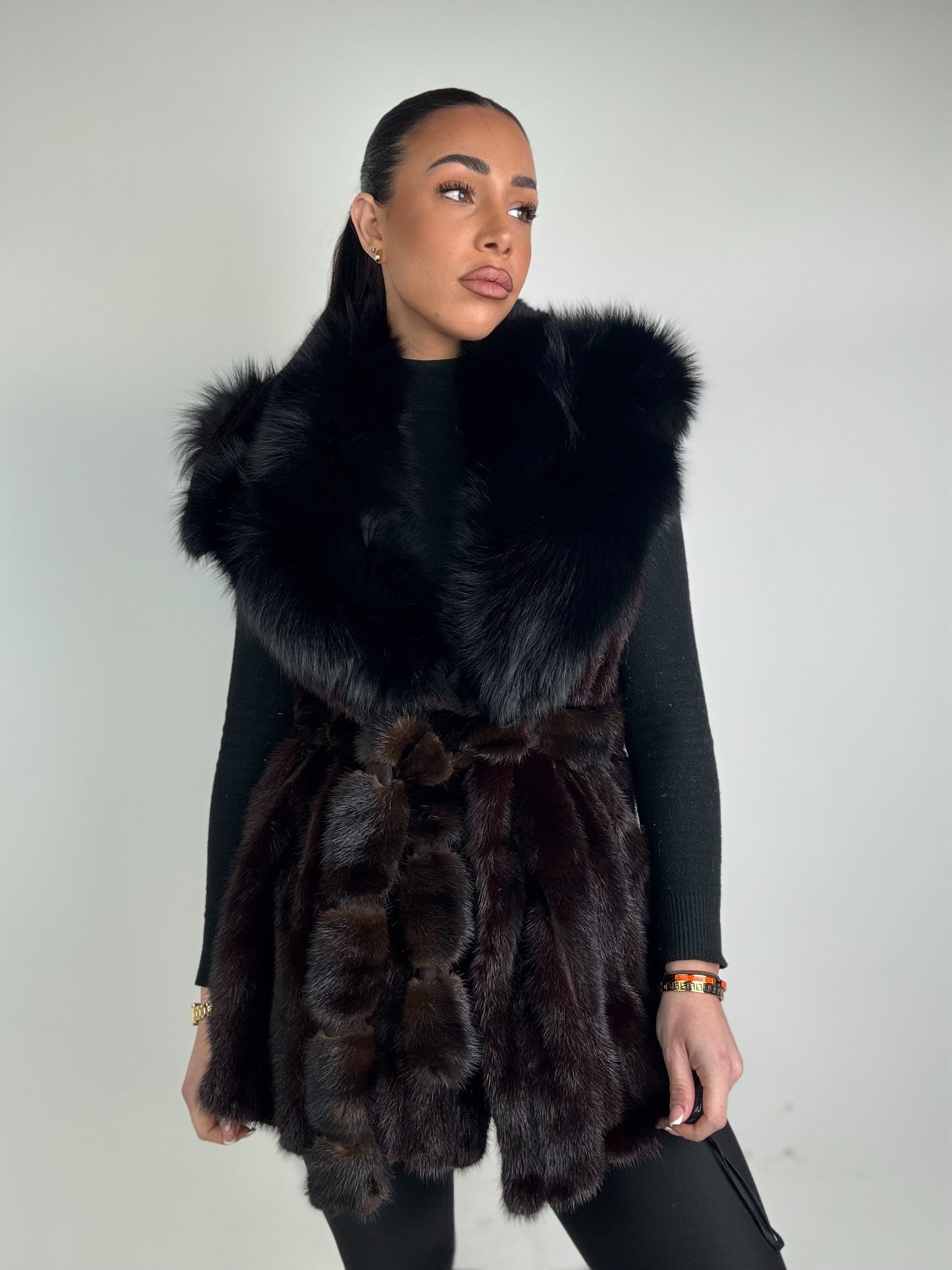Mink jacket with belt and hood