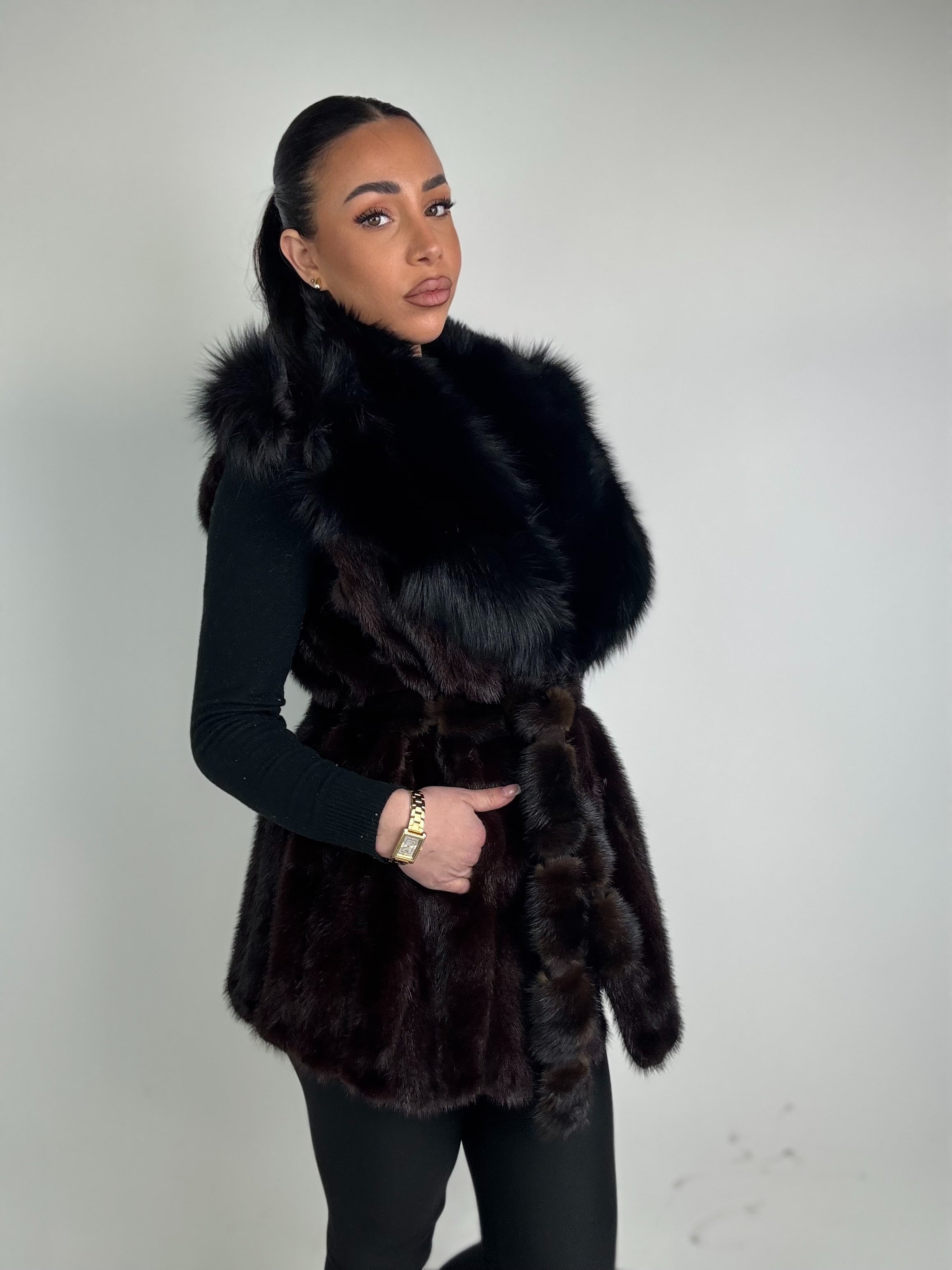 Mink jacket with belt and hood