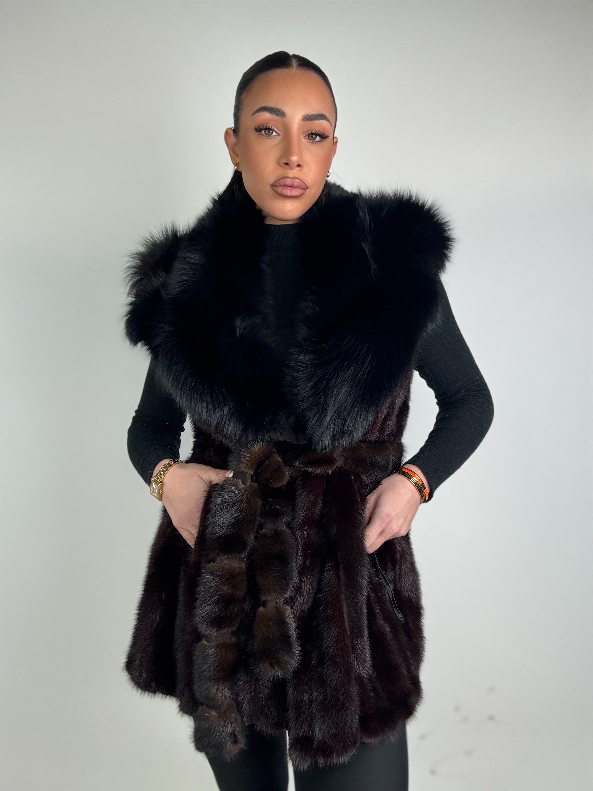 Mink jacket with belt and hood