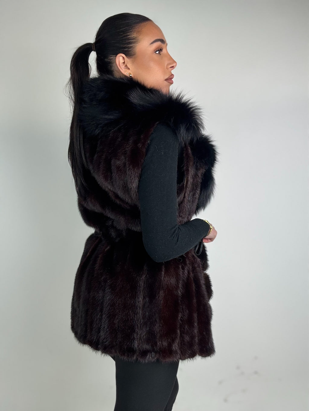 Mink jacket with belt and hood