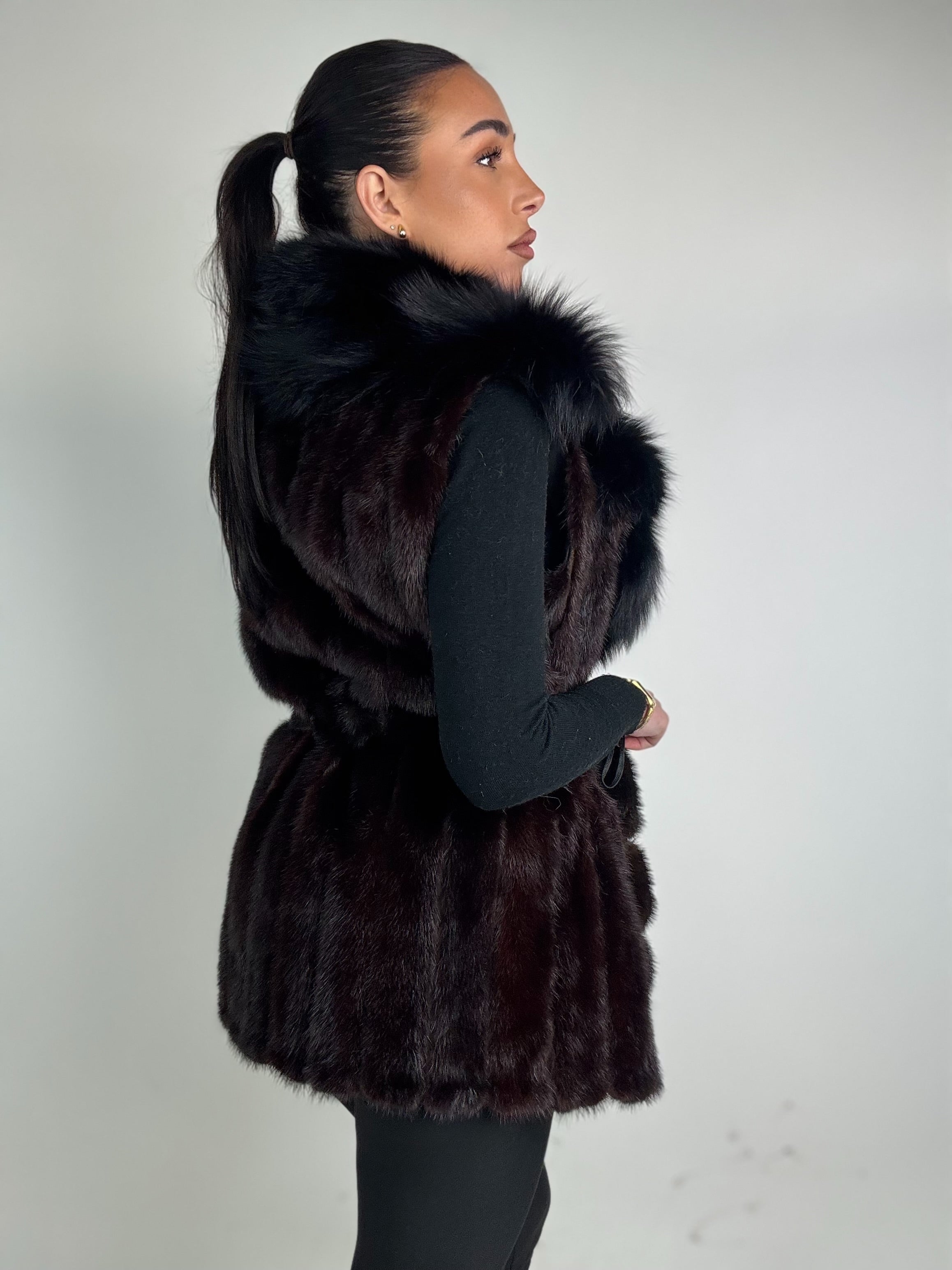 Mink jacket with belt and hood