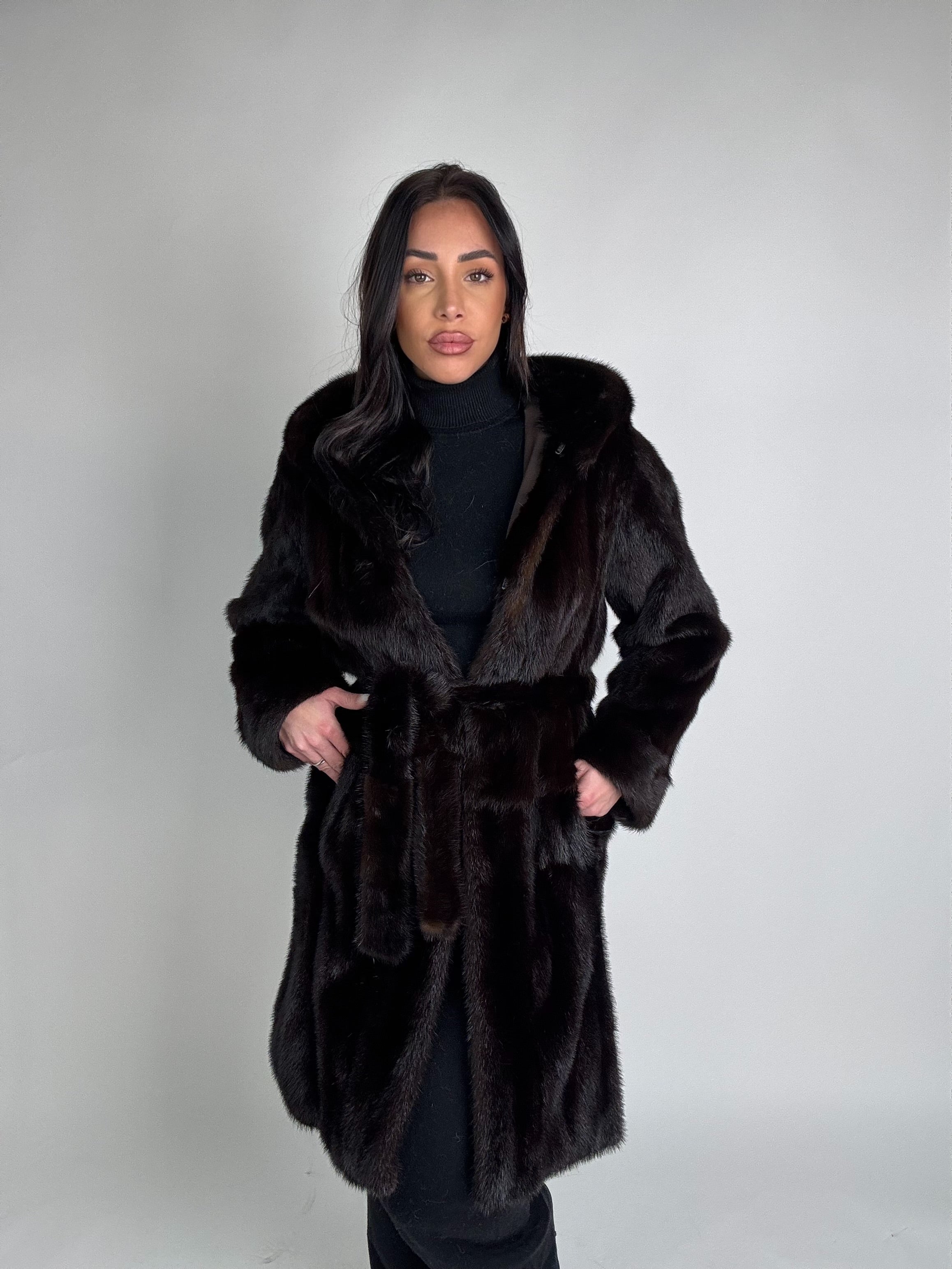 Mink jacket with belt and hood