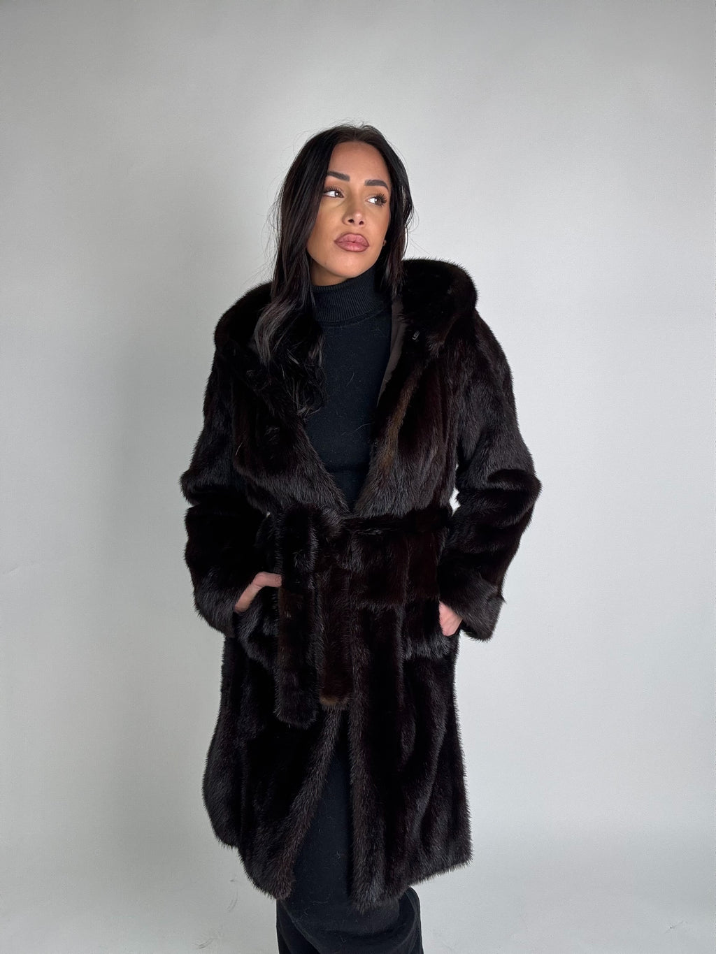 Mink jacket with belt and hood