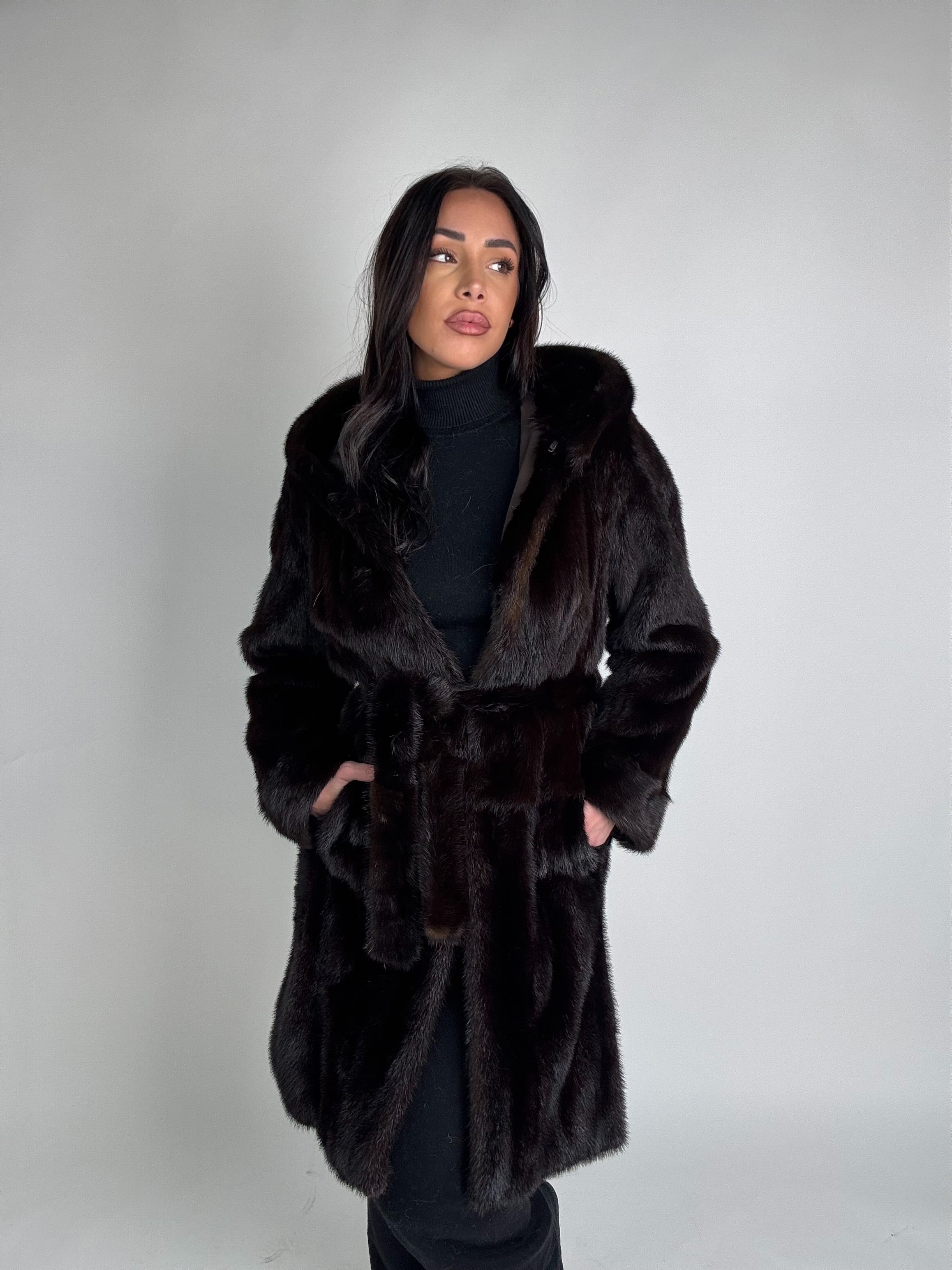 Mink jacket with belt and hood