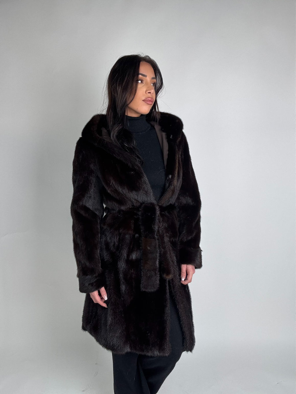 Mink jacket with belt and hood