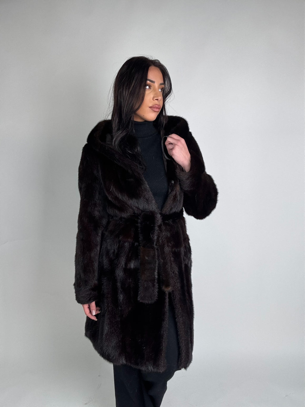 Mink jacket with belt and hood