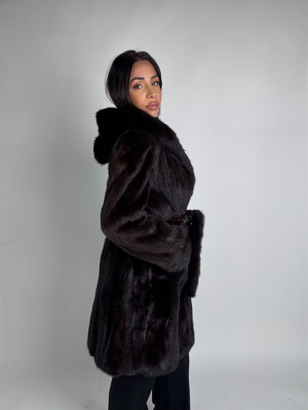 Mink jacket with belt and hood