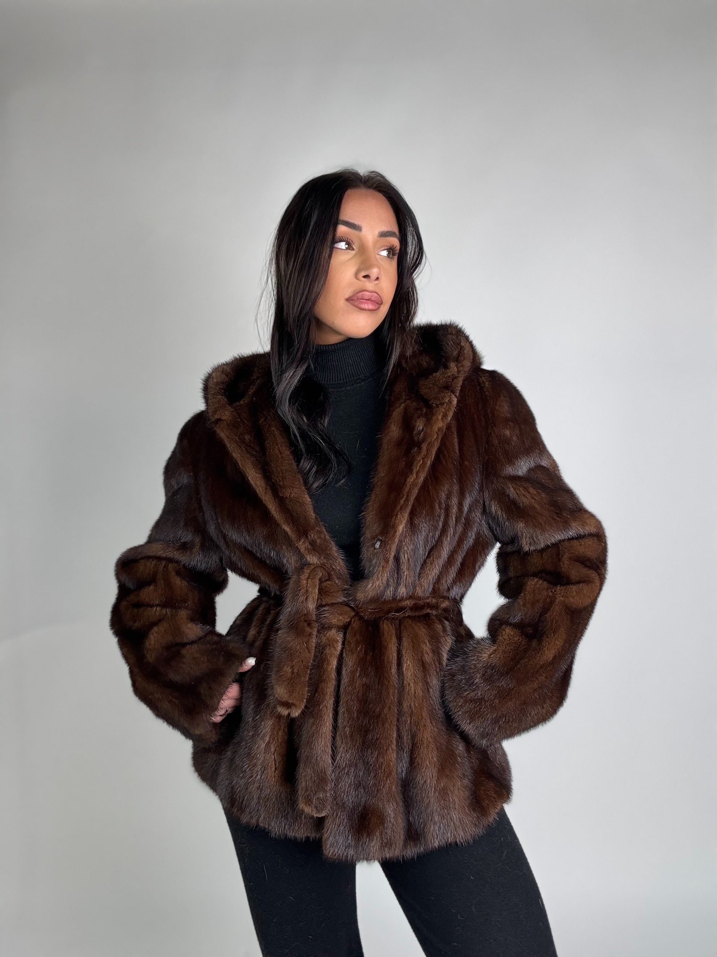 Mink jacket with belt and hood