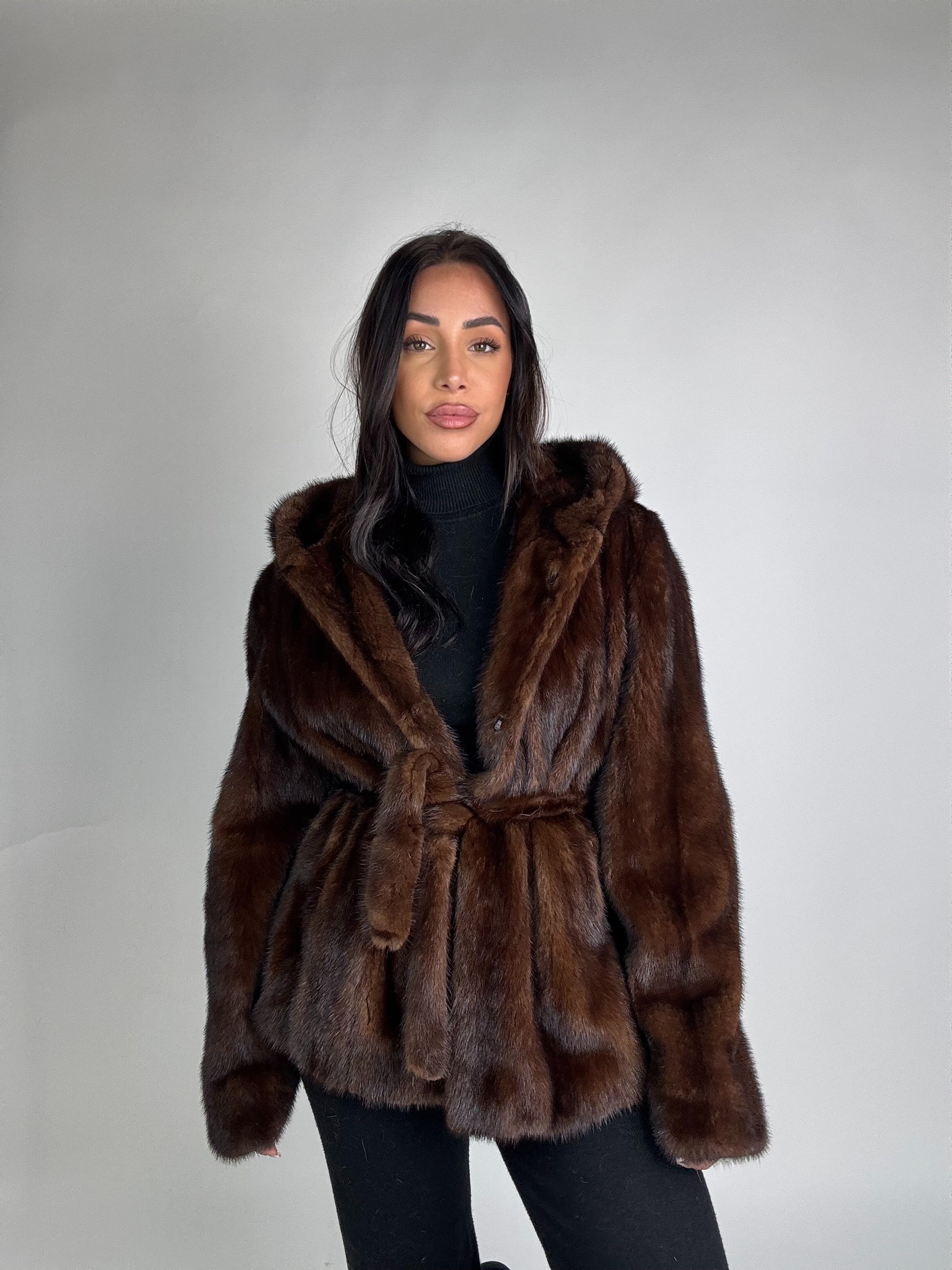 Mink jacket with belt and hood