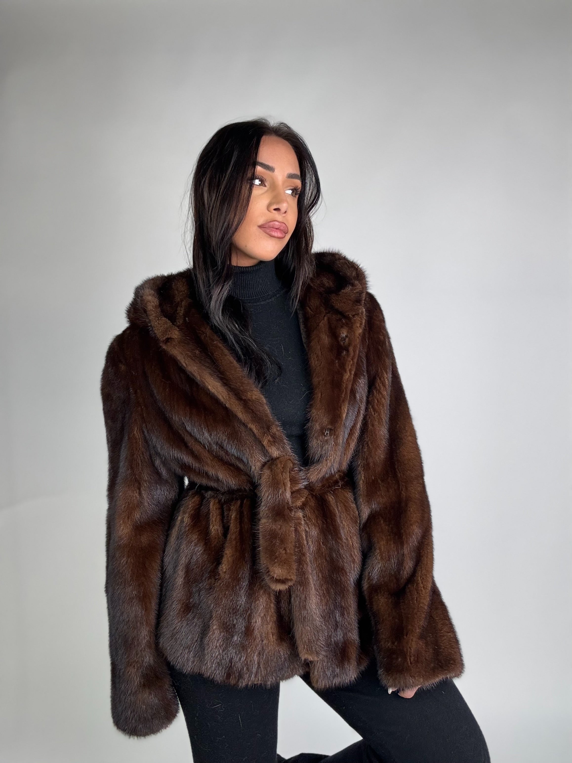 Mink jacket with belt and hood