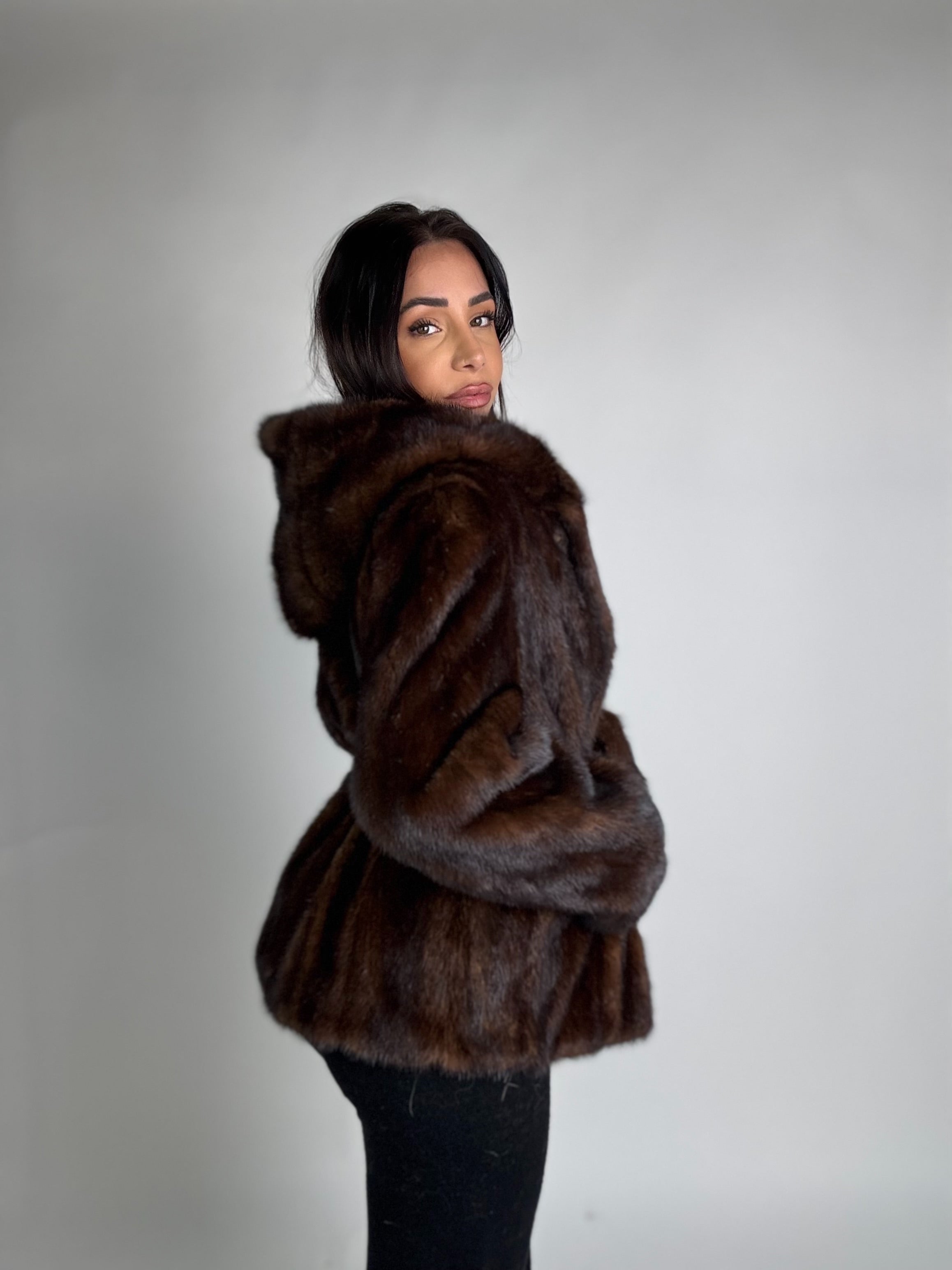 Mink jacket with belt and hood
