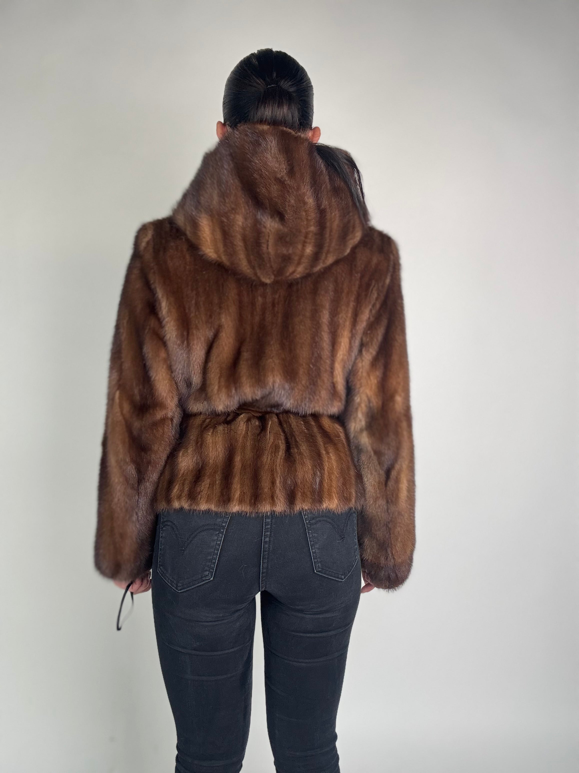 Mink jacket with belt and hood
