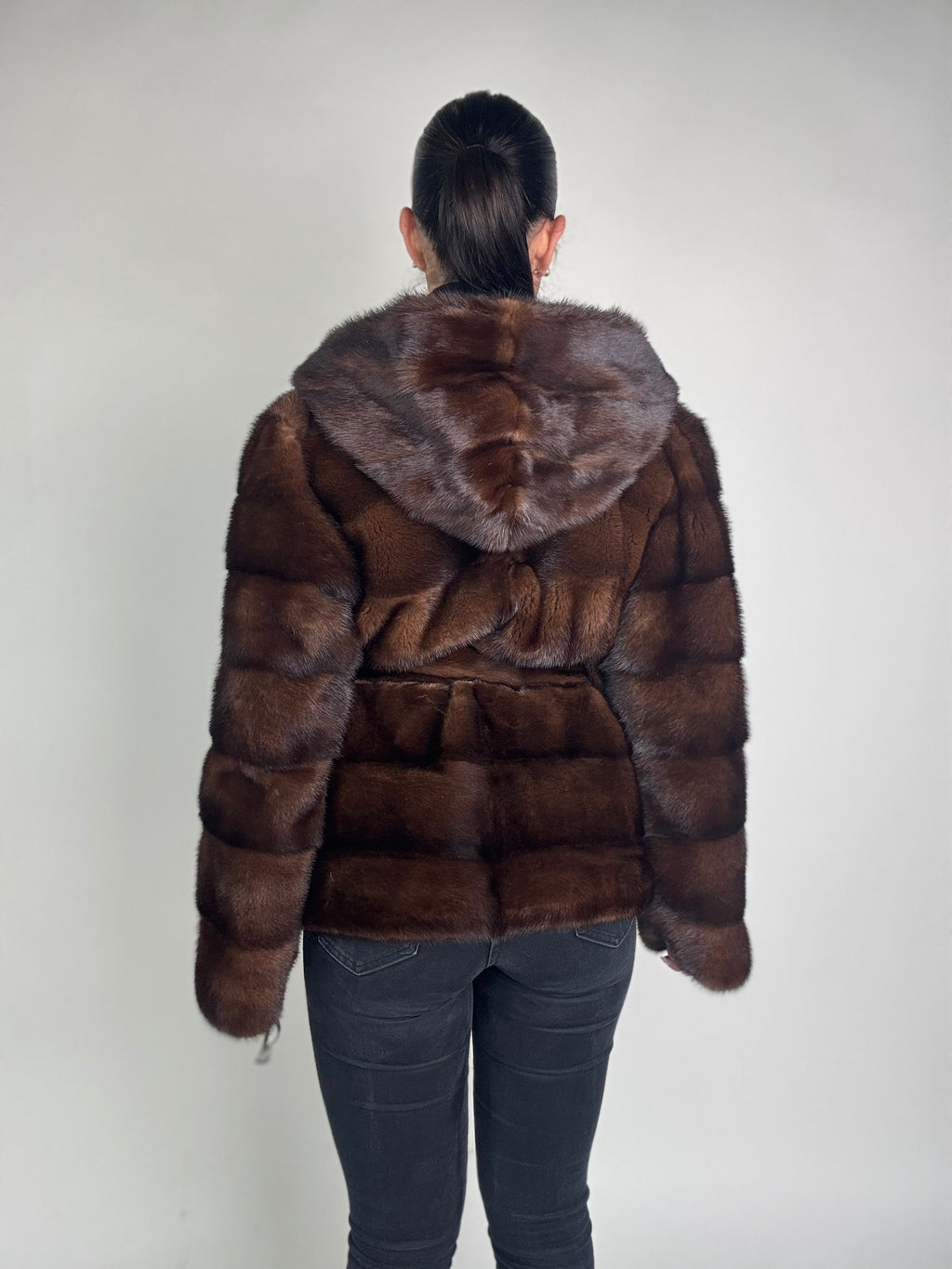 Mink jacket with belt and hood