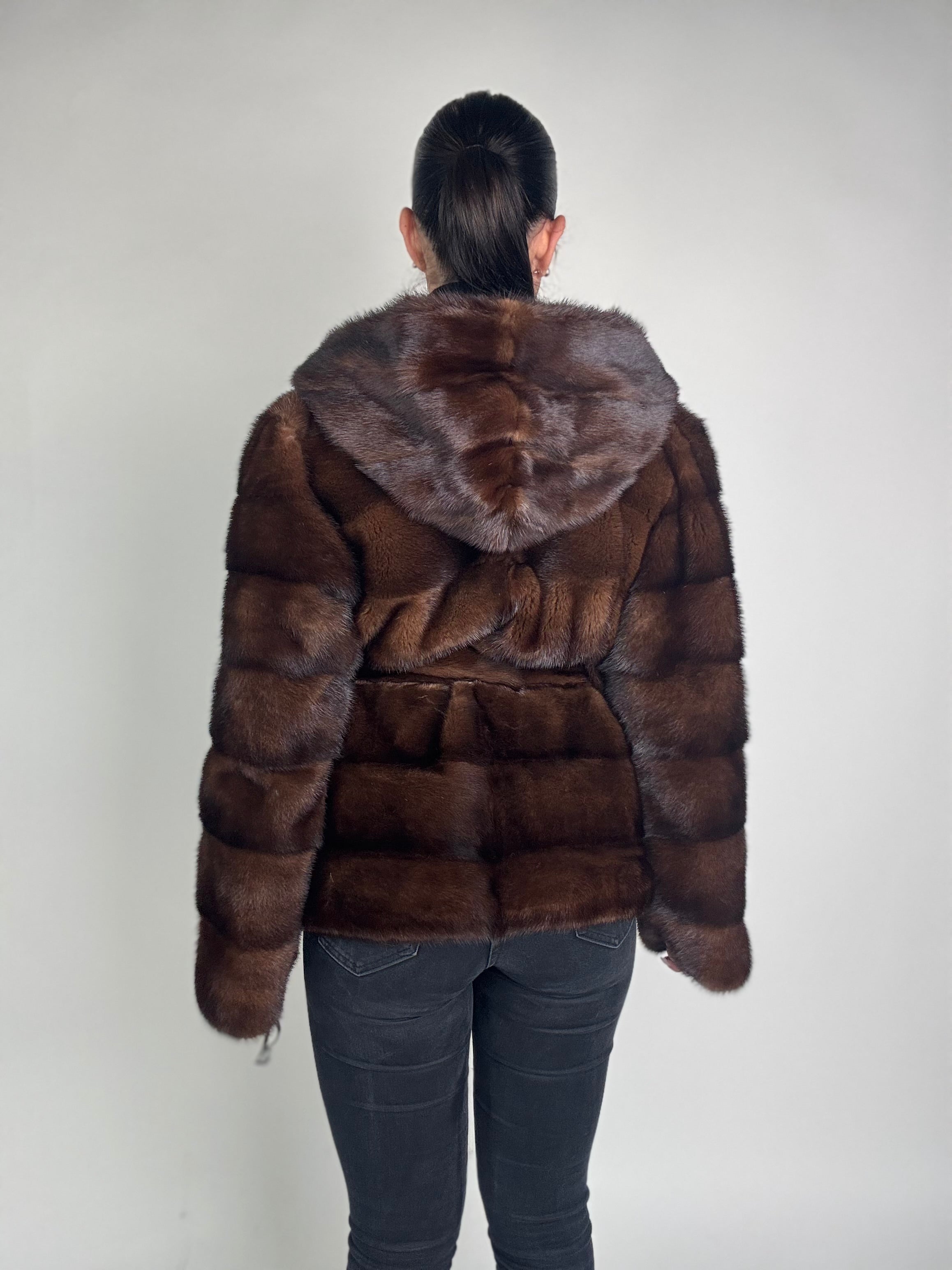 Mink jacket with belt and hood