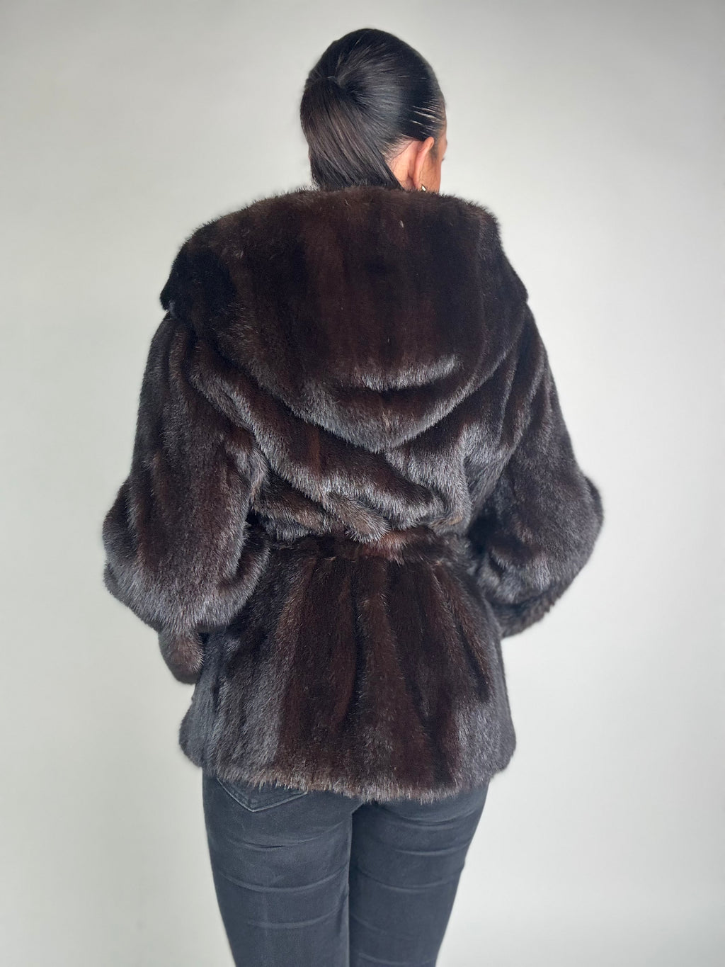 Mink jacket with belt and hood