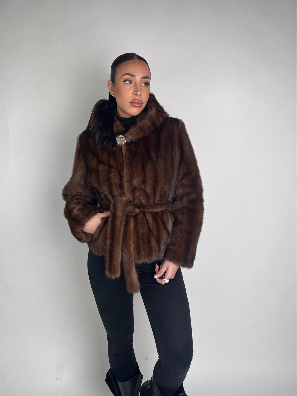 Mink jacket with belt and hood