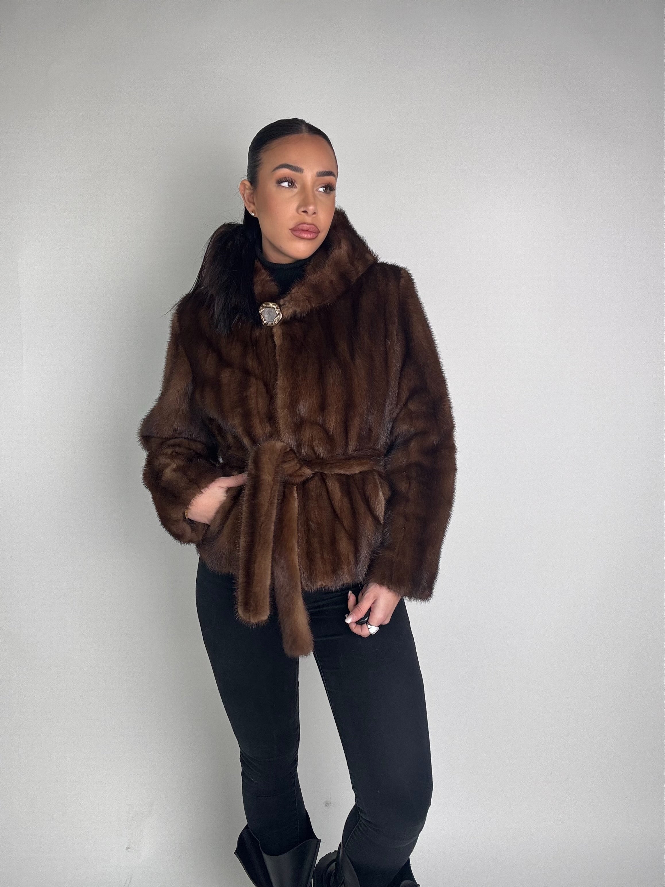 Mink jacket with belt and hood