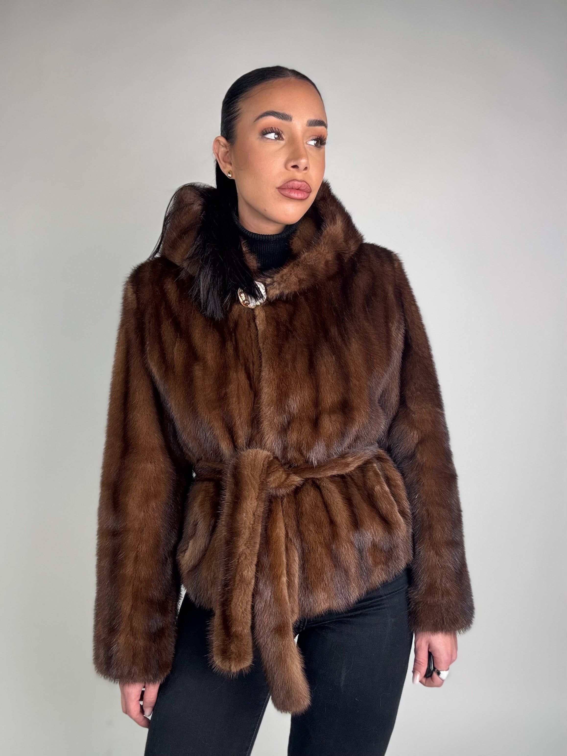 Mink jacket with belt and hood