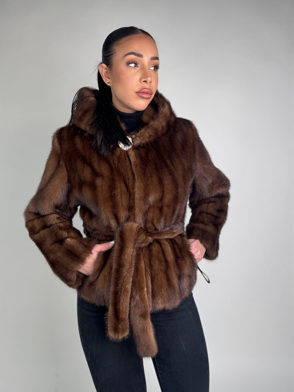 Mink jacket with belt and hood