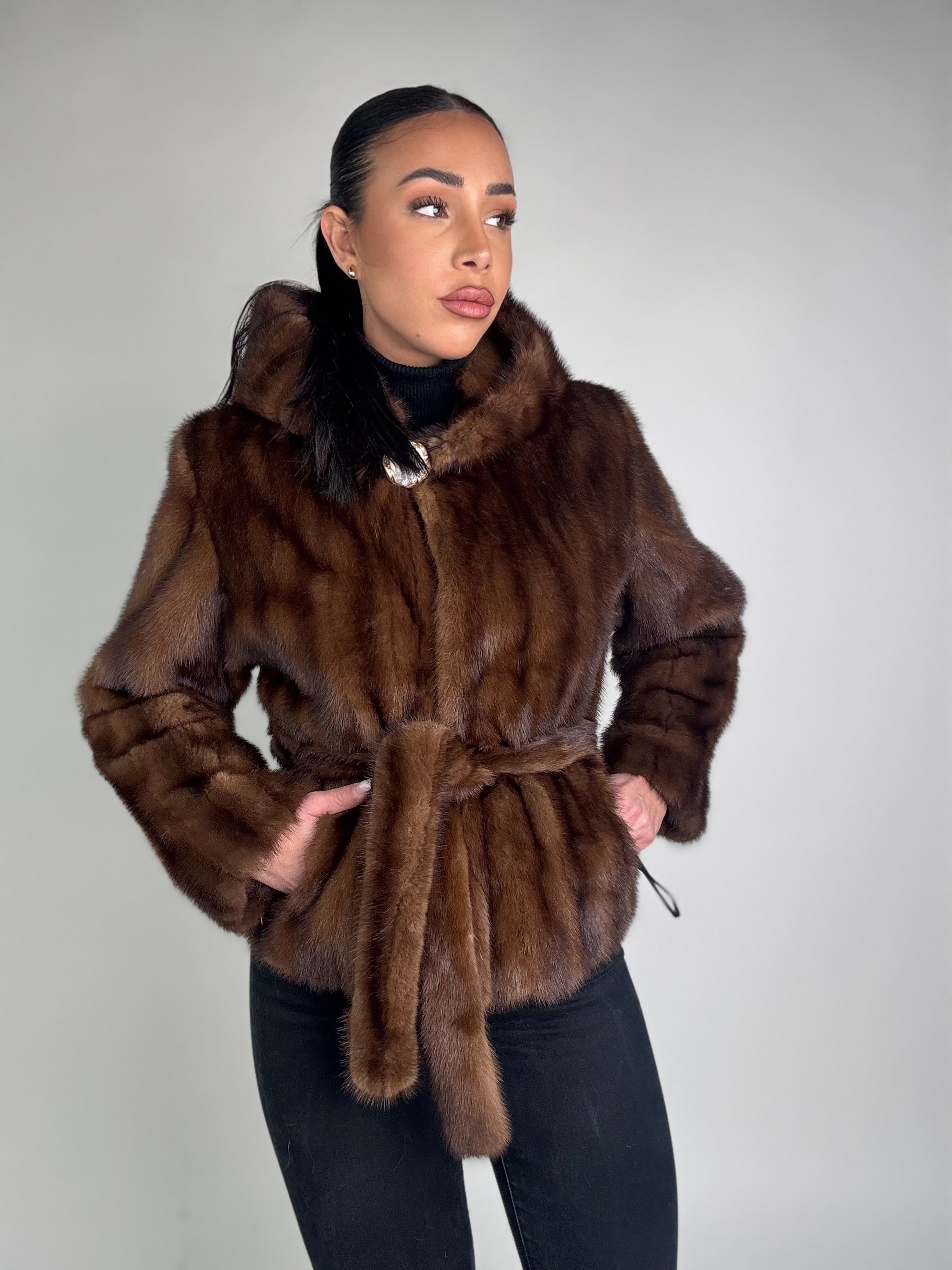 Mink jacket with belt and hood
