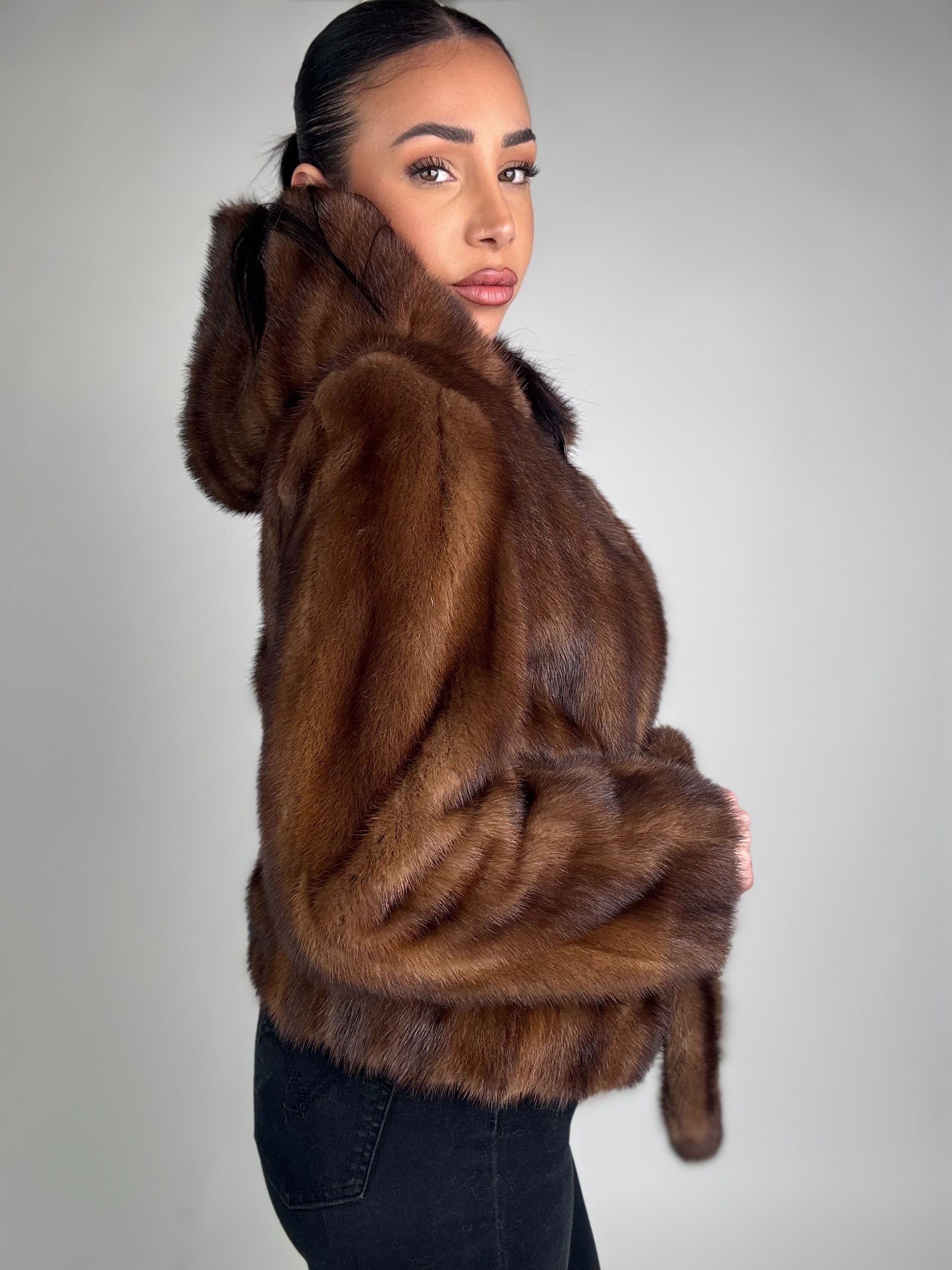 Mink jacket with belt and hood