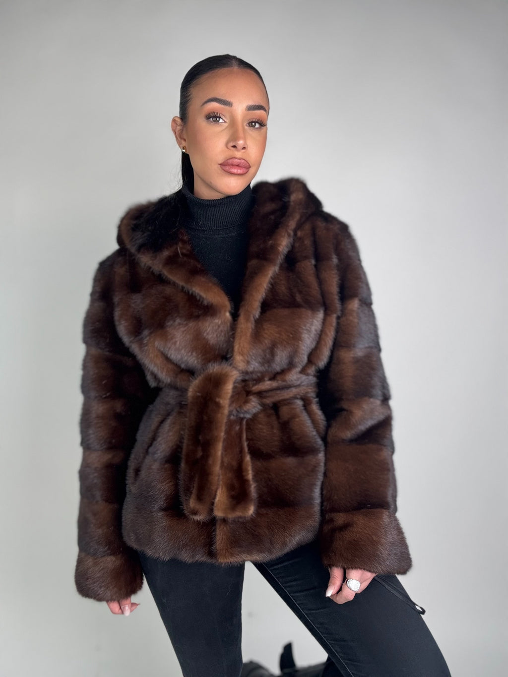 Mink jacket with belt and hood