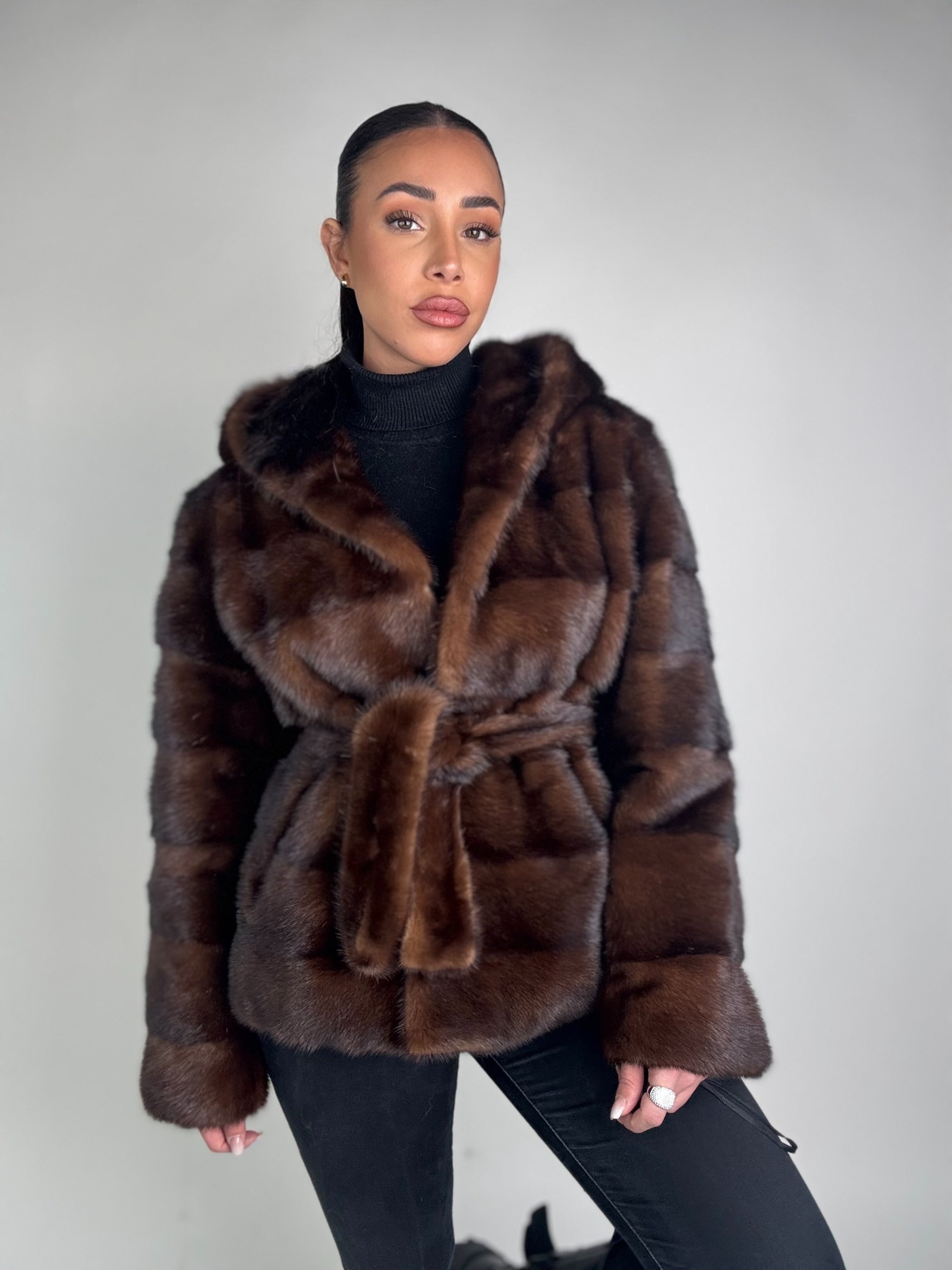 Mink jacket with belt and hood