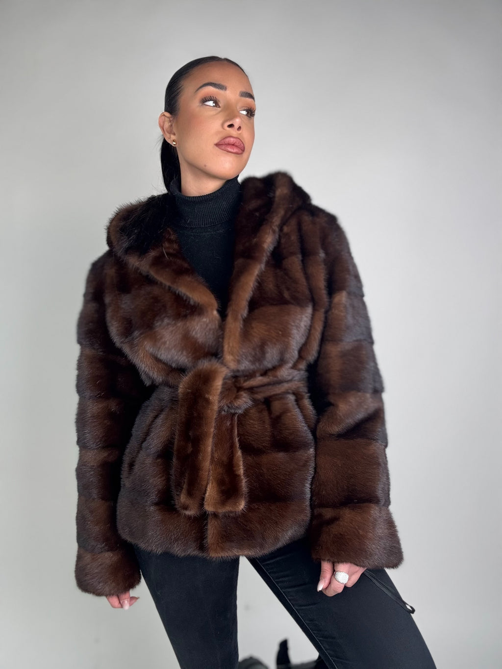 Mink jacket with belt and hood