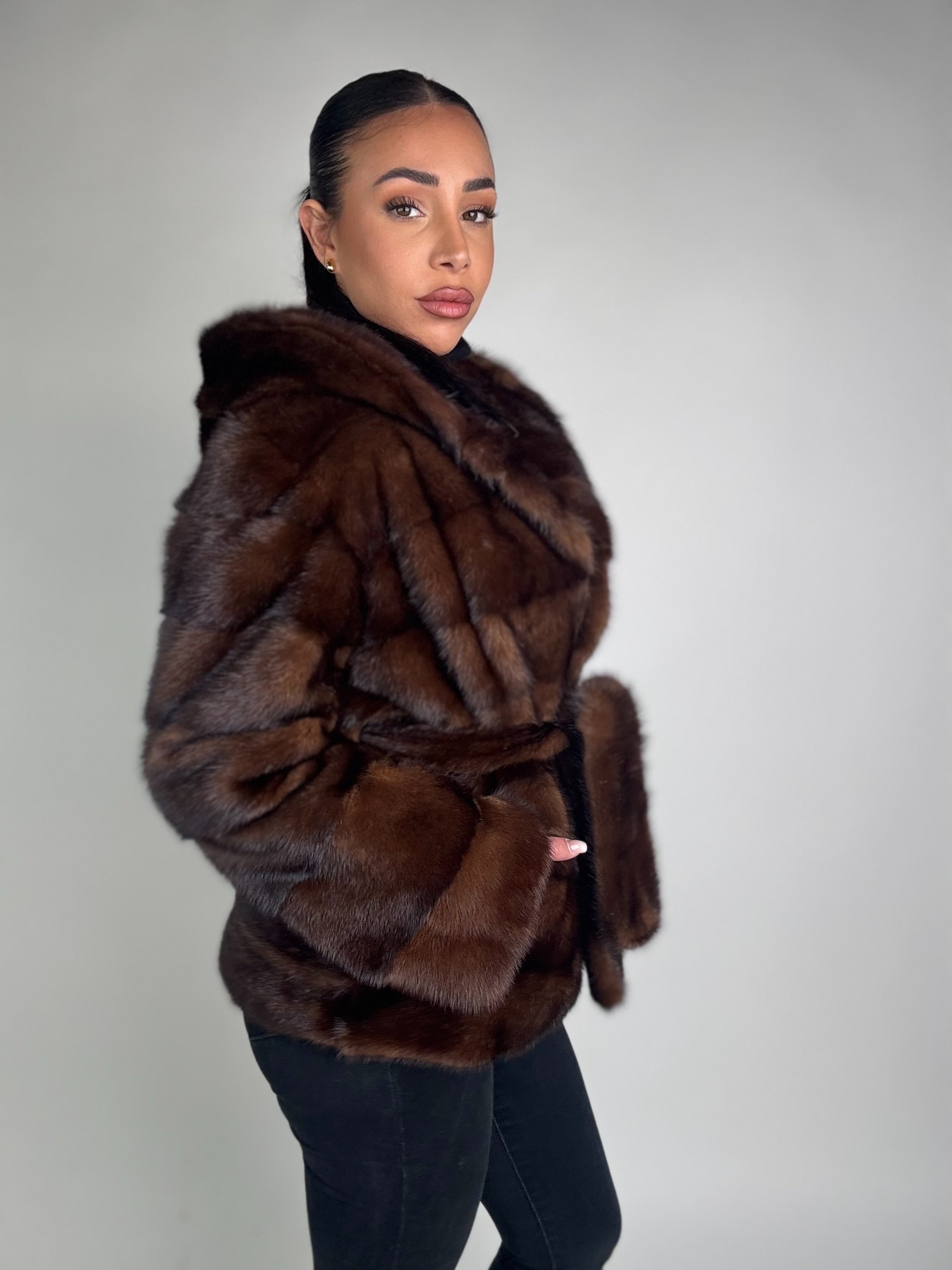 Mink jacket with belt and hood