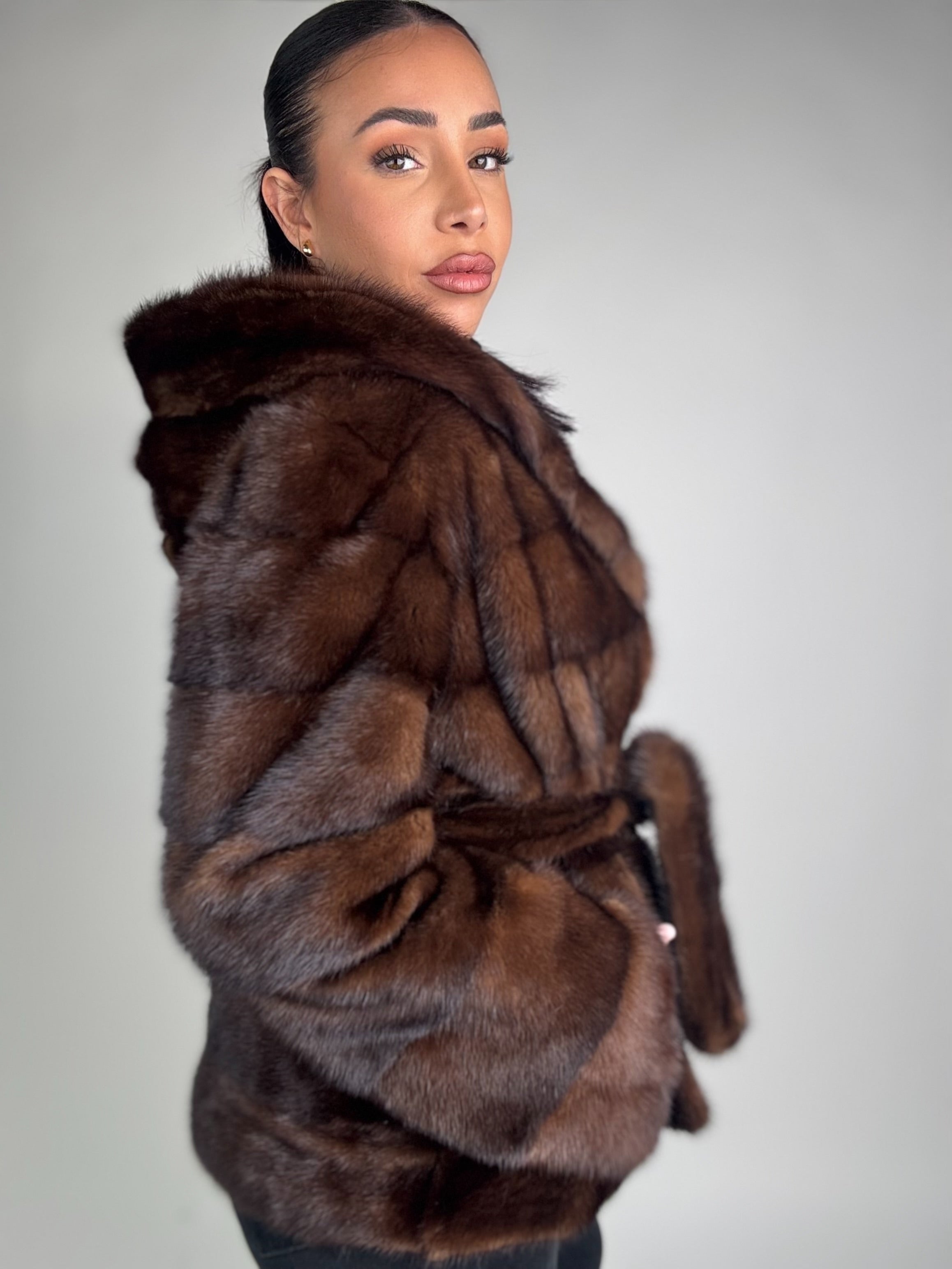 Mink jacket with belt and hood