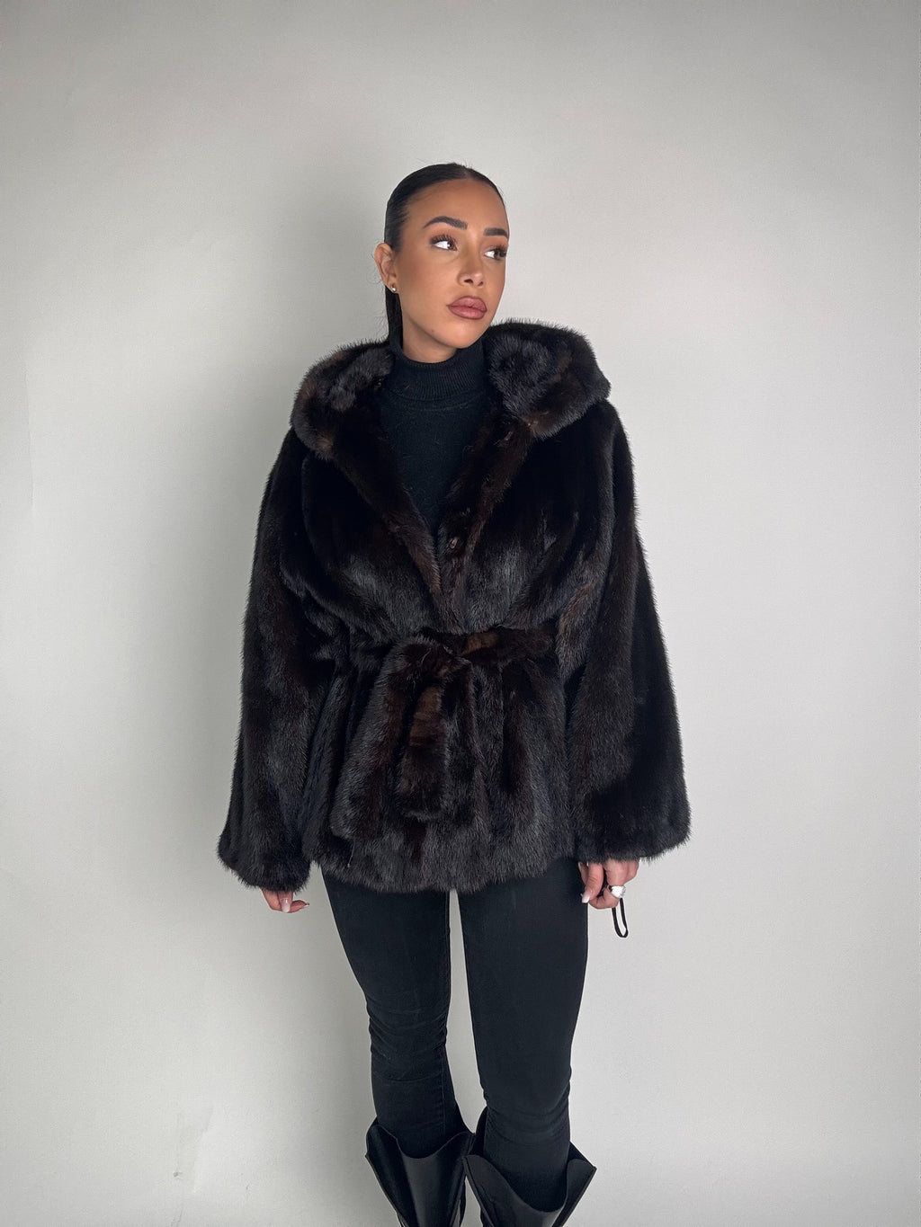 Mink jacket with belt and hood