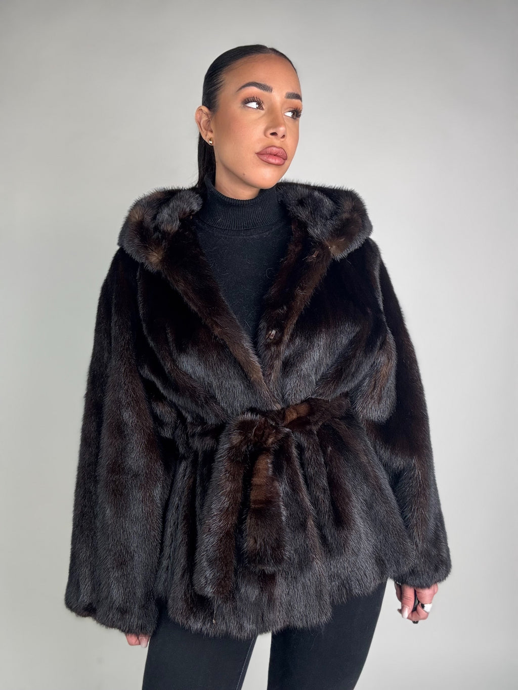 Mink jacket with belt and hood