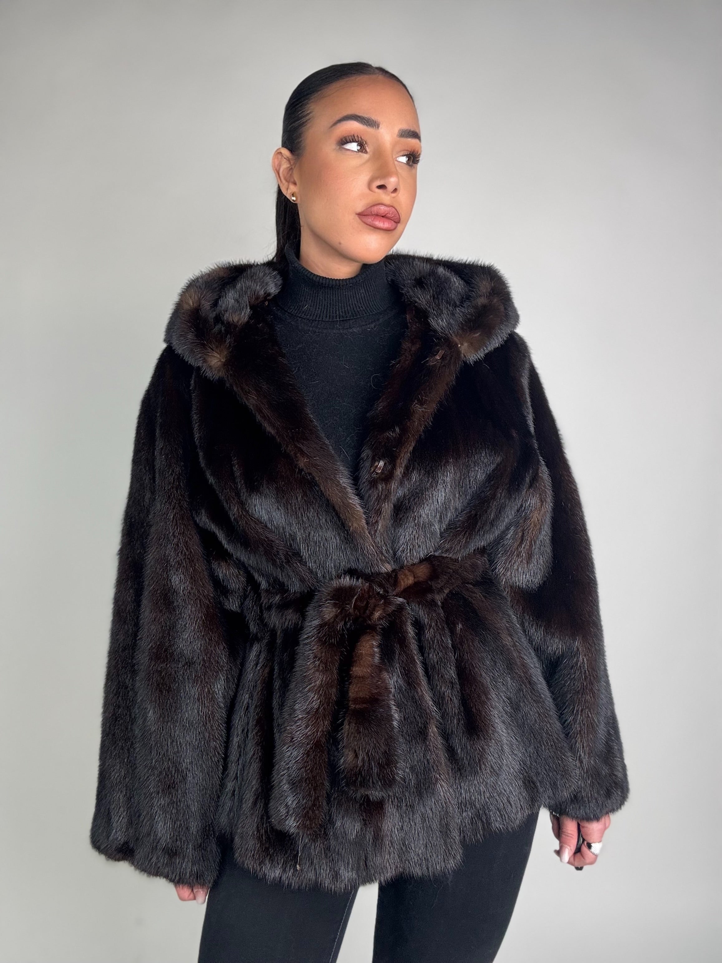 Mink jacket with belt and hood