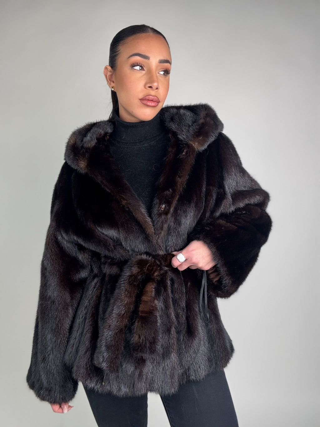Mink jacket with belt and hood