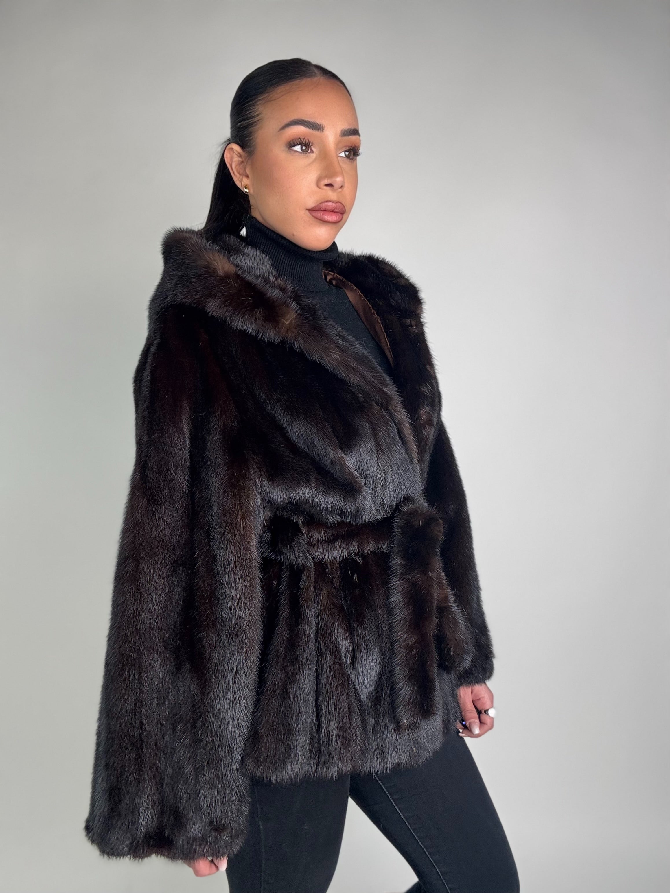 Mink jacket with belt and hood