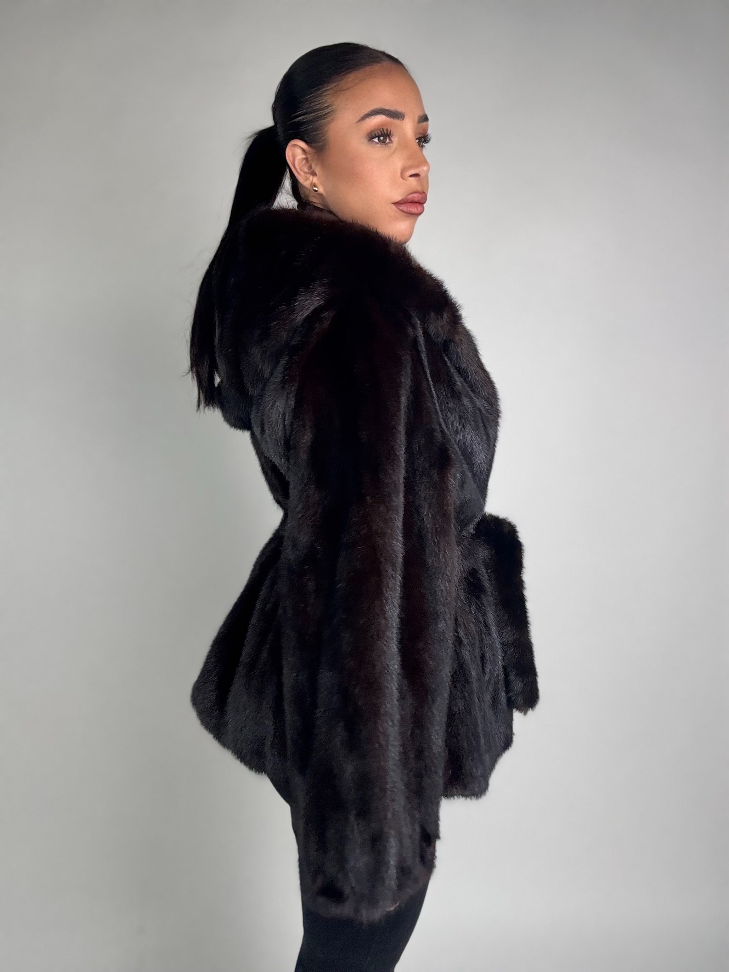 Mink jacket with belt and hood