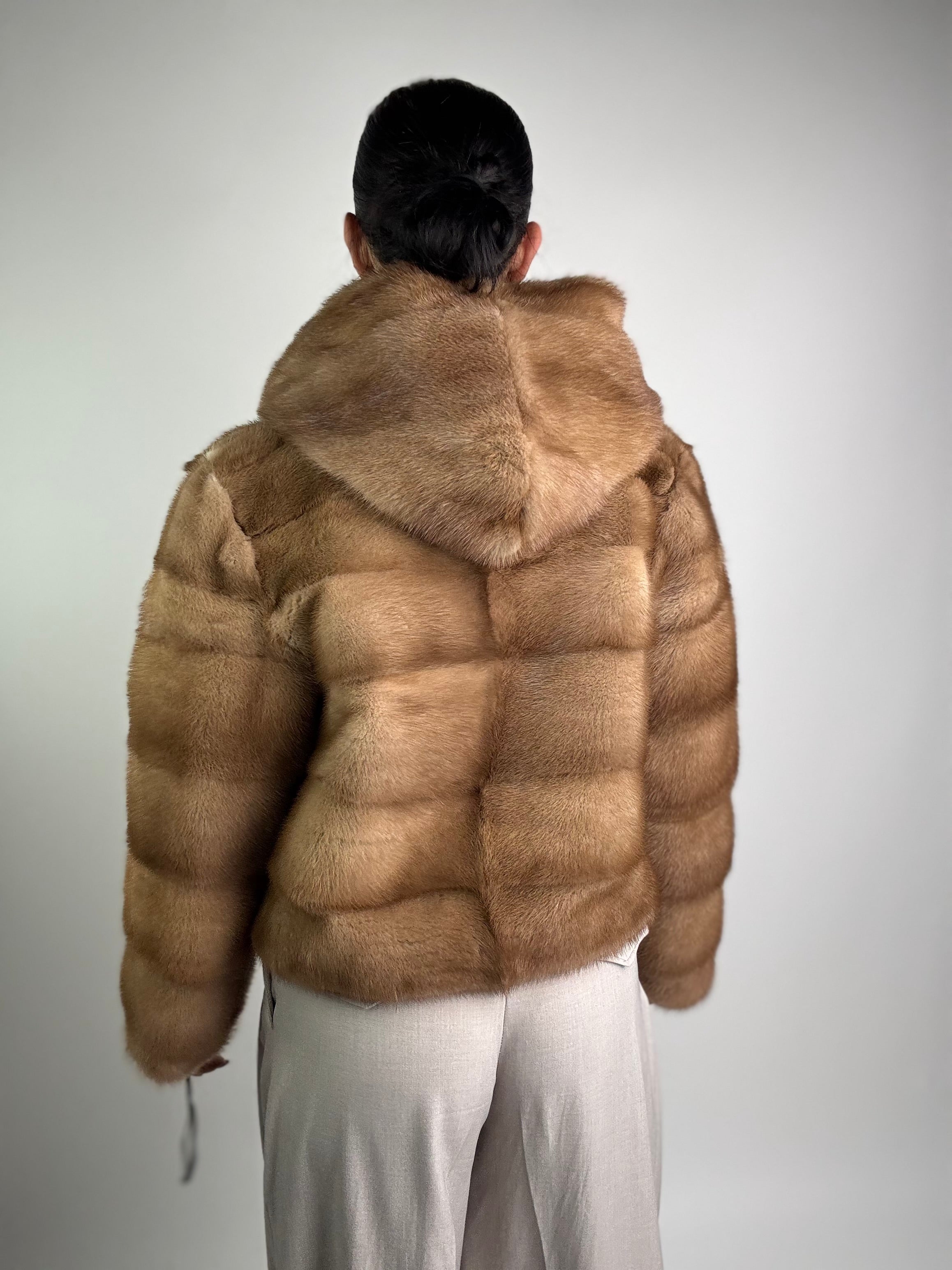 Mink vest with belt and hood