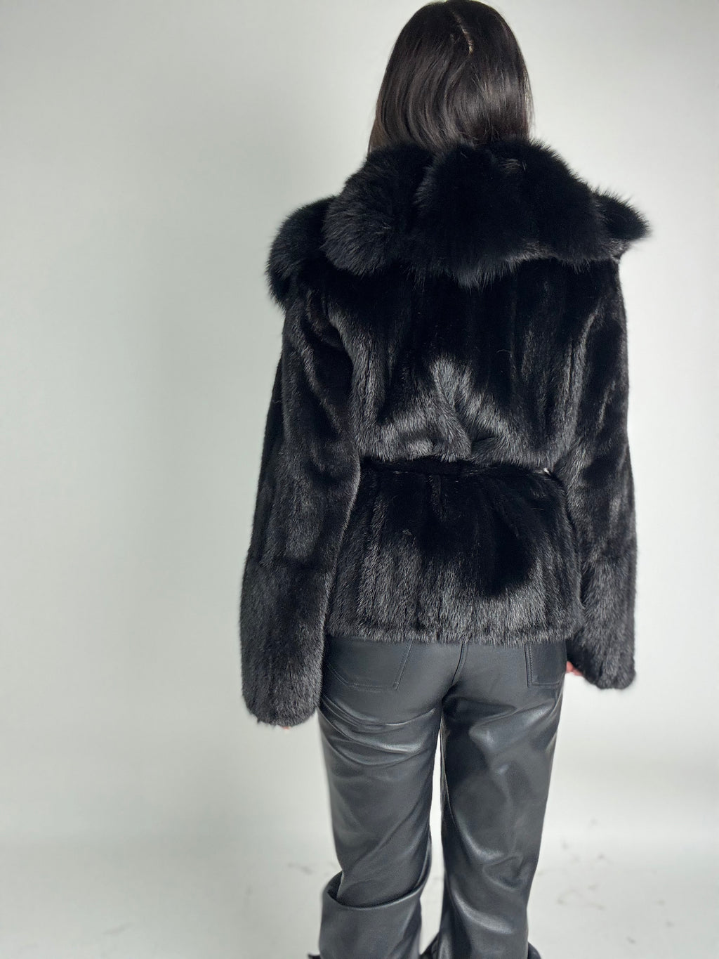 Mink jacket with belt and hood