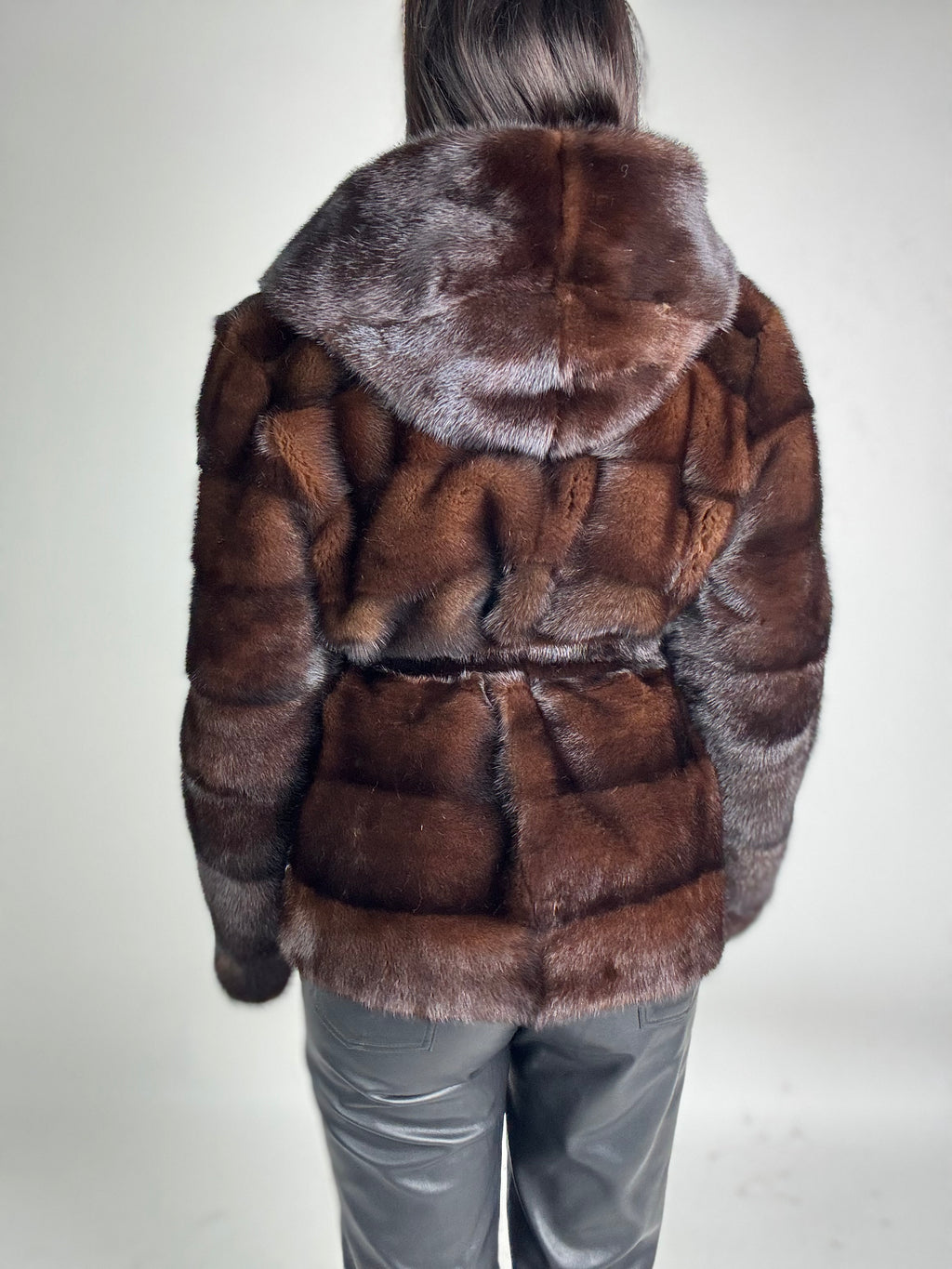 Mink jacket with belt and hood