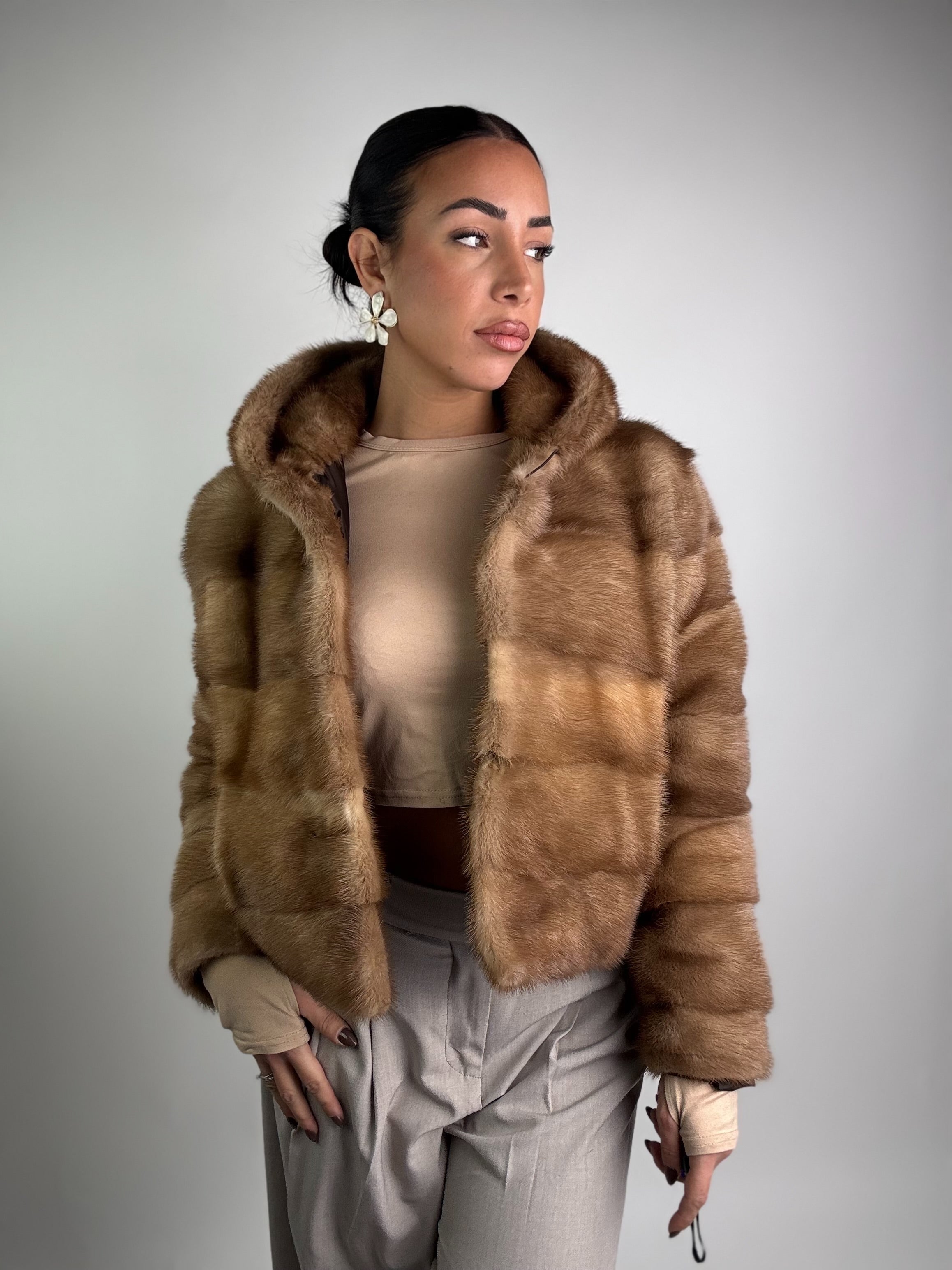 Mink vest with belt and hood